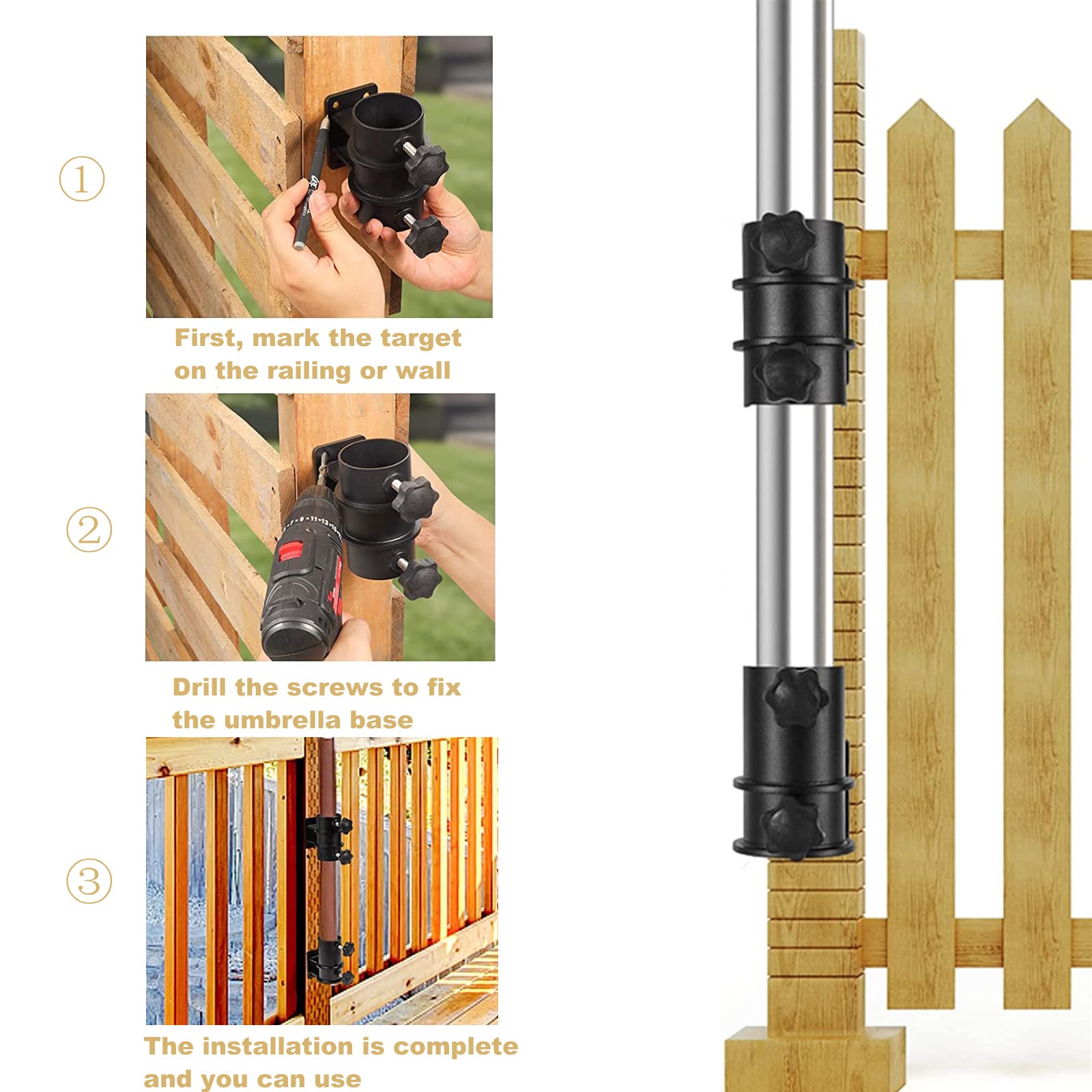 MENAYODA Soporte para sombrilla de terraza, soporte para sombrilla de exterior, soporte ajustable para sombrilla se fija a la barandilla para vallas, balcón o patio, soporte plano (montaje plano)