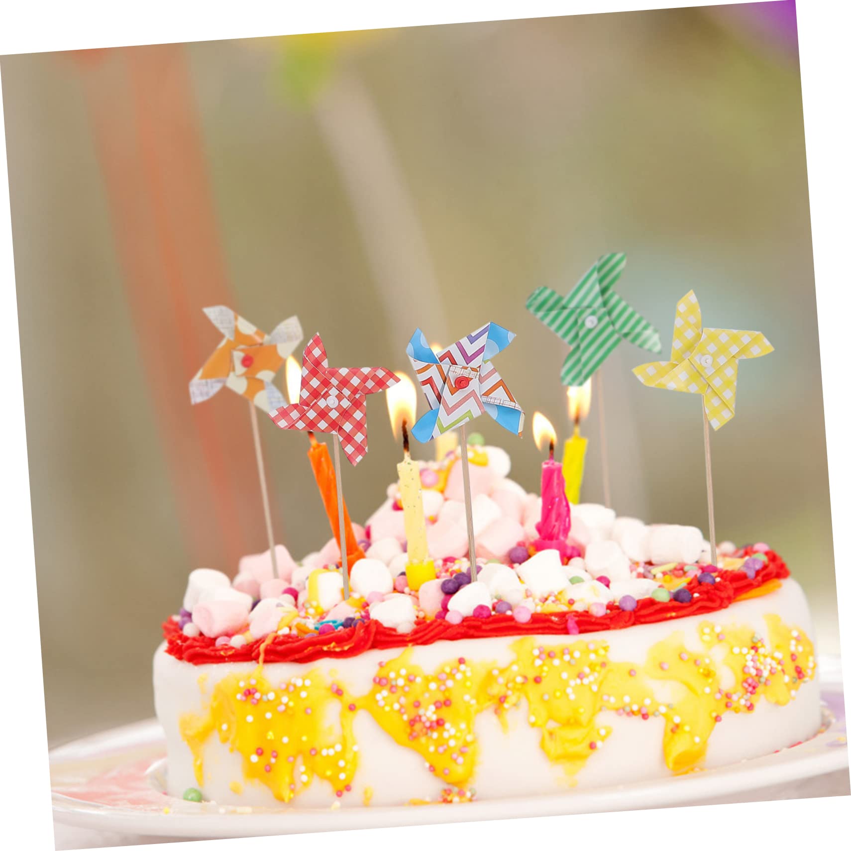 Cabilock 120 Pièces Décorations De Gâteaux Choix De Petit Gâteau Inserts De Moulin à Vent en Papier Gâteau De Mariage De Bébé Mini Rotatif Joyeux Anniversaire en Bois