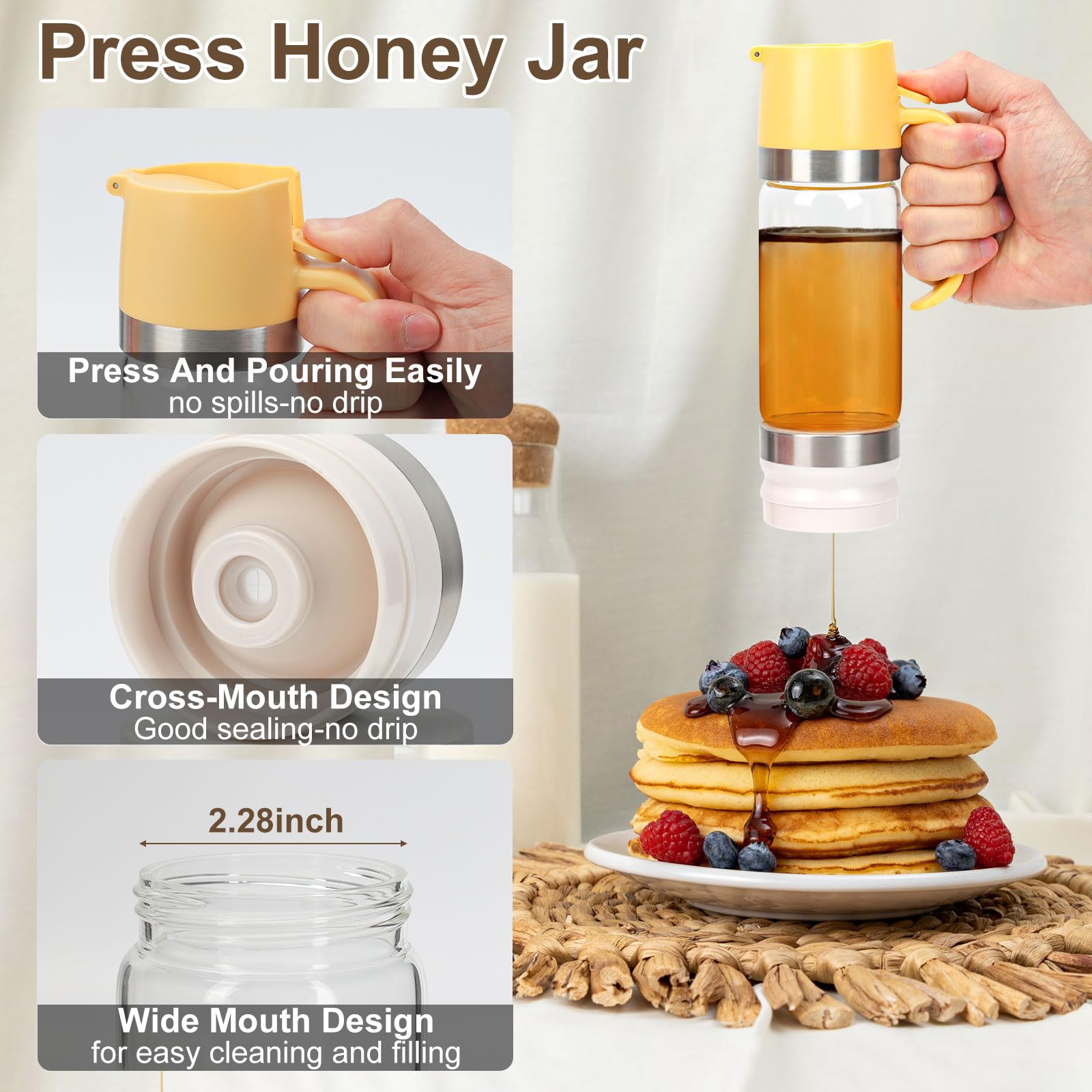 Honigspender aus Glas mit Silikonboden, kein Tropfen, Honigbehälter, Ahornsirupspender mit Griff, für Pfannkuchen, Kaffee oder Tee, Gelb, 2 Stück
