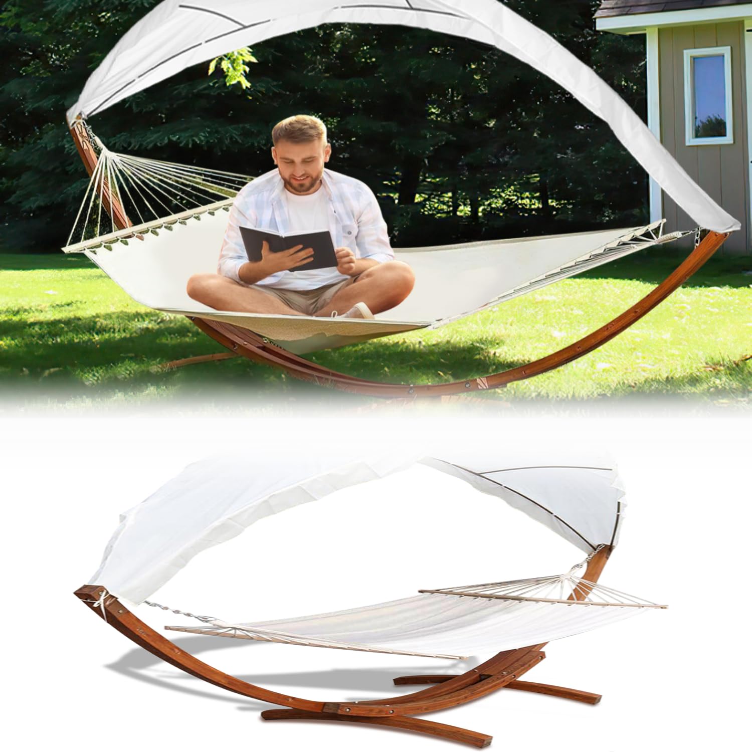 Aopunly Hängematten mit Gestel Outdoor für 2 Personen, Holz Doppelhängematte Hängesessel Möbel 200×150cm Belastbarkeit 200kg für Garten Camping Balkon Strand Pool Garten