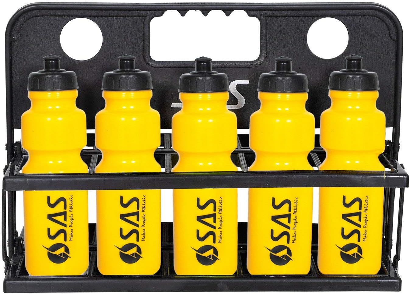 SAS SPORTS Folding Water Bottle Carrier with 10 Yellow Sports Sipper Water Bottle | Camping Cricket Soccer Football Water Bottle Foldable Storage Rack | Team Sports Water Bottle Holder (Black)