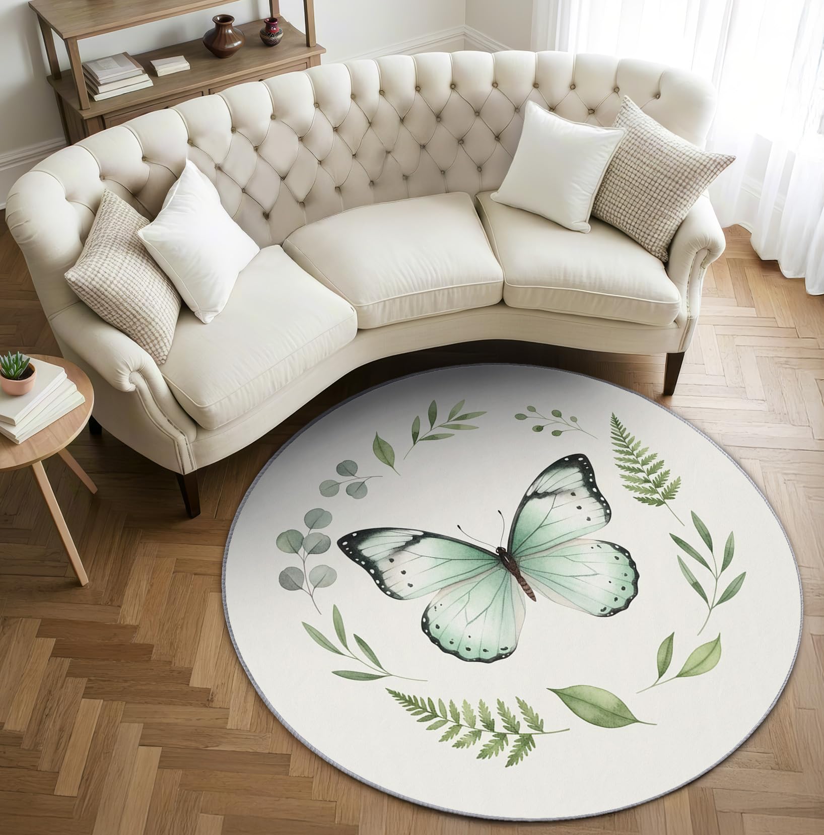 Schmetterling Teppich Rund 120cm Kurzflor - Waschbare Teppiche Wohnzimmer Mädchen Blätter Grün Boho Schmetterlinge - Runder Teppich 120 Durchmesser Kinderzimmer - Bettvorleger rutschfest