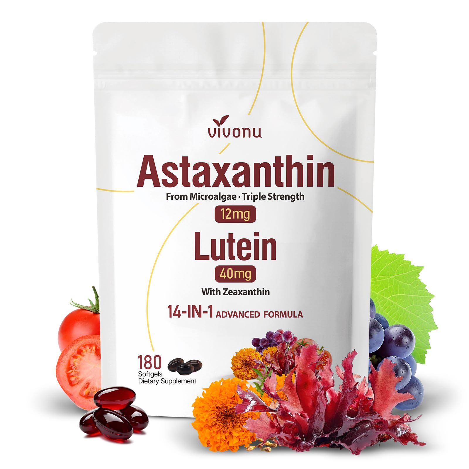 VivoNu Astaxanthin 12 mg & Lutein 40 mg – 6-Monats-Vorrat - Beta Carotin, Zeaxanthin - aus frischer Mikroalgenquelle, unterstützt Augen, Haut, Gelenk antioxidativer Schutz, 180 Weichkapseln