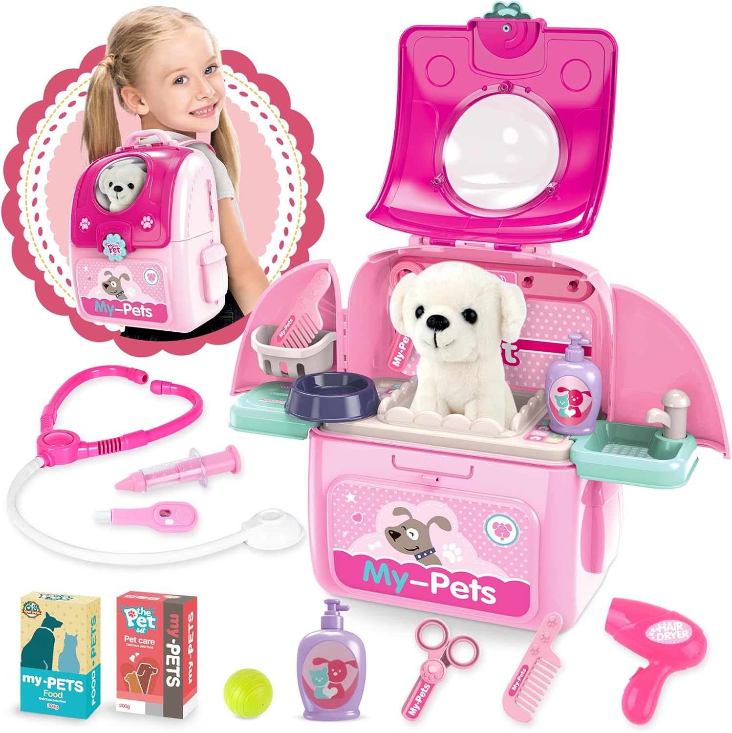 Shemira Girl Toys Gifts for 2 3 4 5 6 Years Old, Toddler Girl Toys, Bunny Toys for Kids, Easters' Gifts for Girls, Pet Care Pretend Toys with Toy Bunny & Storage Backpack