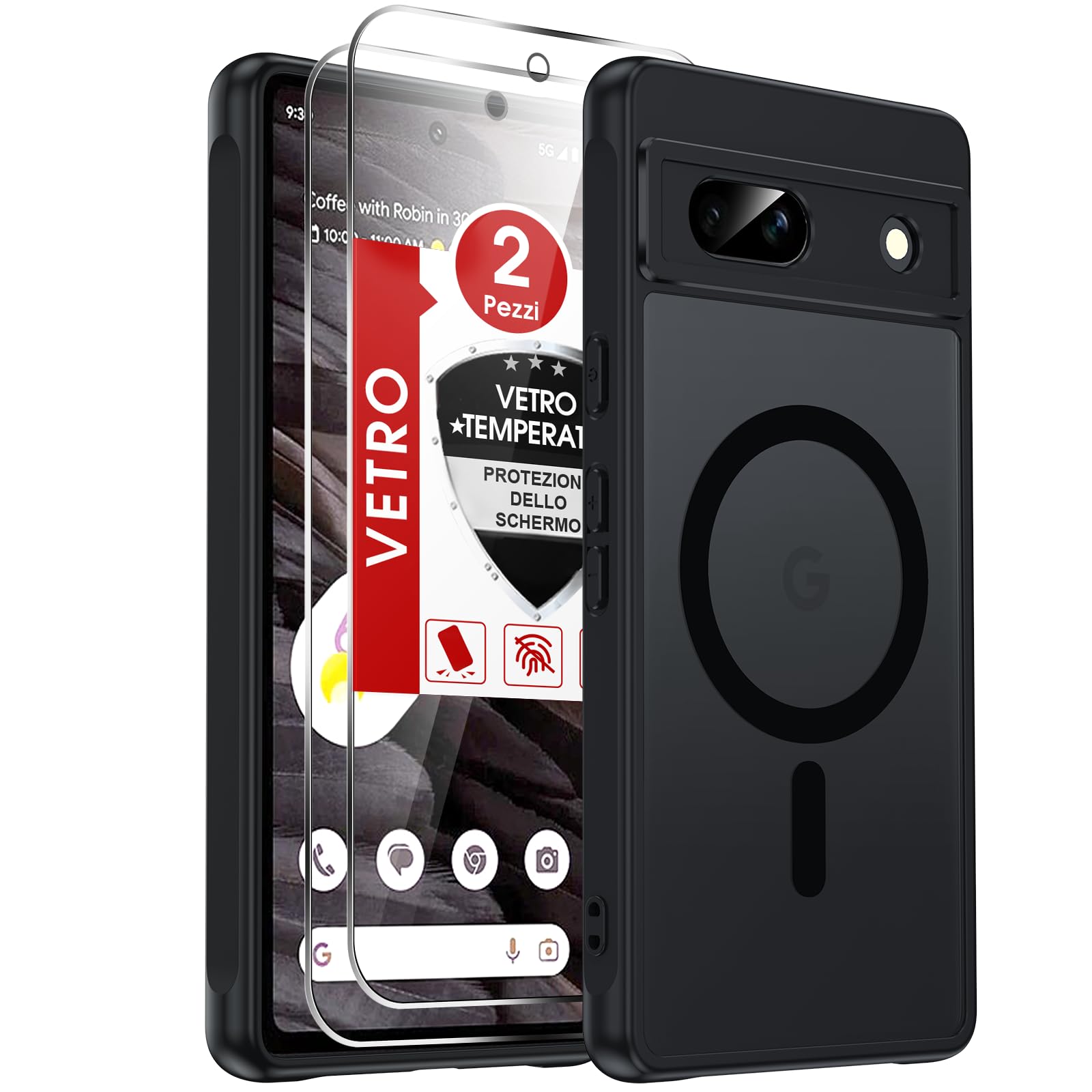 LeYi Cover Magnetica per Google Pixel 7A con 2 Pezzi Vetro Temperato (Nero) | Custodia per Pixel 7A Traslucida Opaca Anti-Impronte Resistente ai Graffi Paraurti in TPU Antiurto Protettiva Case