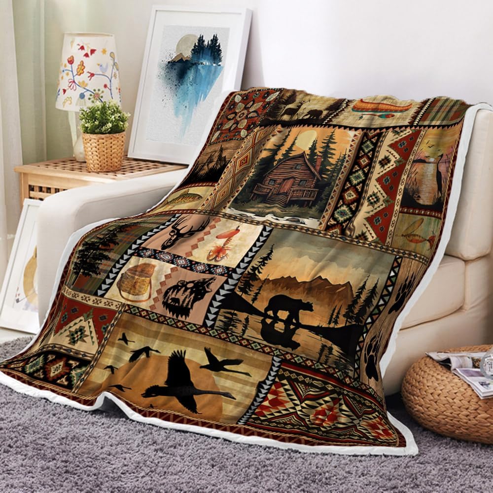 NYMB Rustic Cabin Throw Blanket, Farmhouse Country Vintage Bear Moose Wooden Flannel Bed Throws, Hunting Camping Forest Lodge Blanket for Sofa Couch Bed, Wild Animal Warm and Cozy Blankets, 50X60in - Image 2