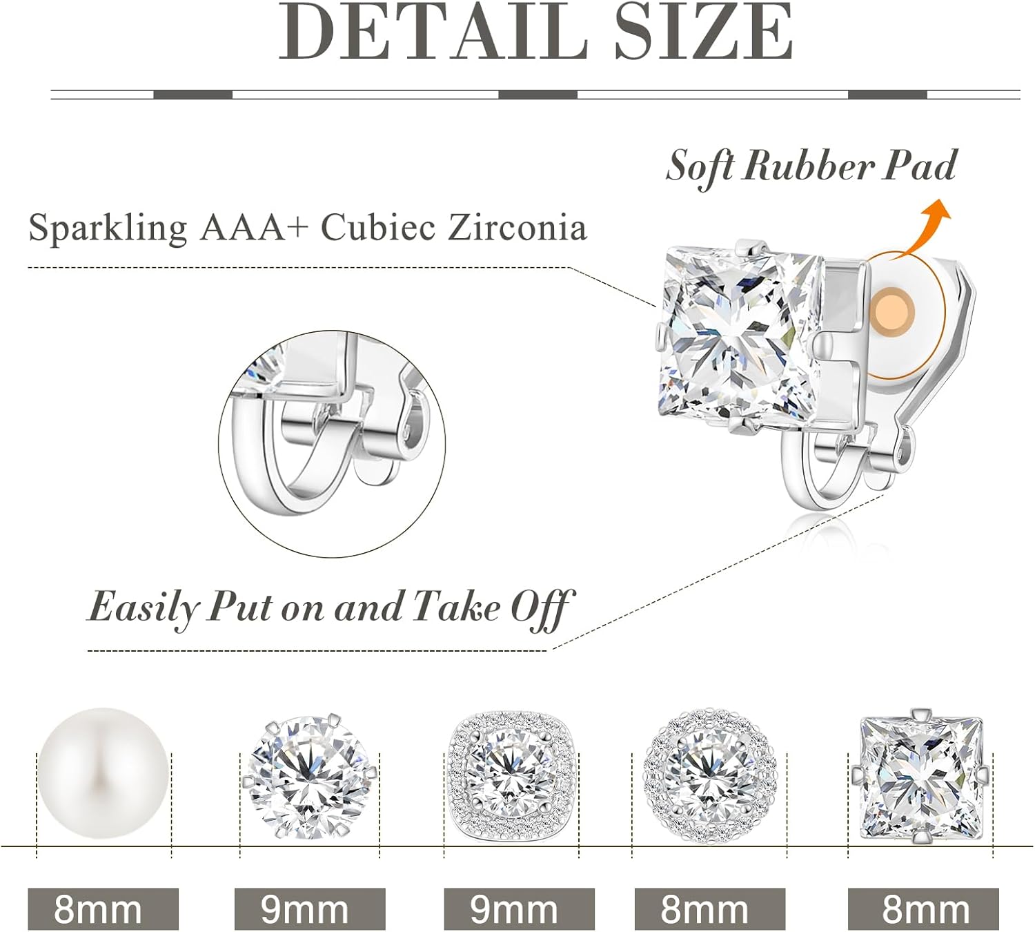 Cubic Zirconia Clip on Earrings - Women Hypoallergenic Comfortable Non Pierced Stud Earrings for Wedding and Dance Competitions, Clip-on Earrings Silver Gold - Image 2
