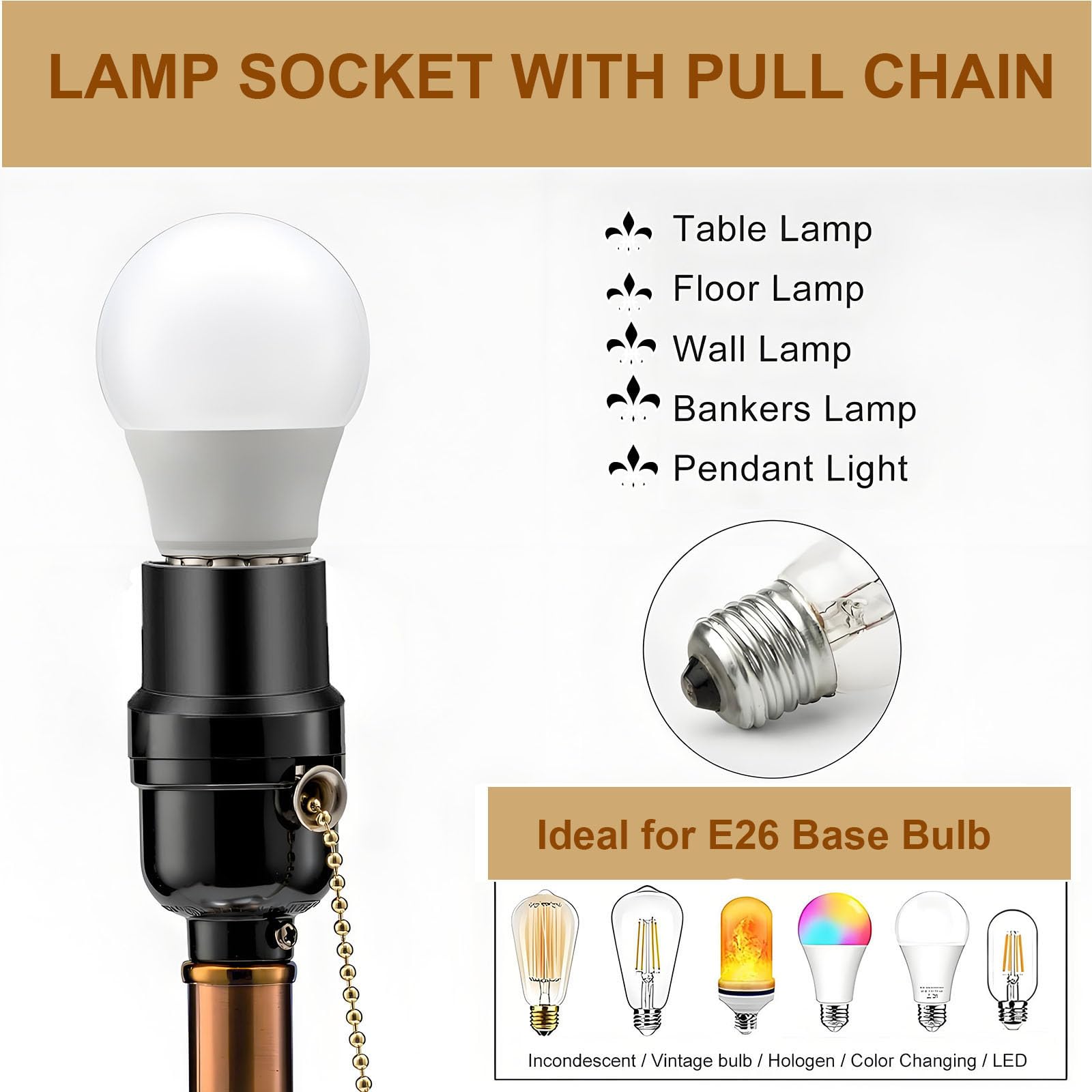 Black Pull Chain Light Socket With Dual Outlets - Easy To Install, 110-125V