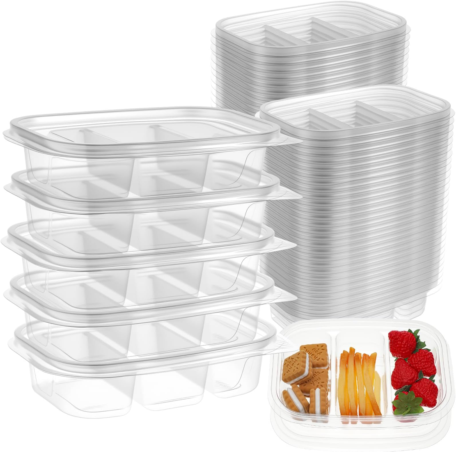 Chunful 36 Pcs Disposable Snack Containers 3 Compartment Snack Containers with Lids 7.8 x 5.5 x 1.8 Inch Plastic Condiment Container High Transparency for Salad, Sampling, Dipping Sauce, Travel