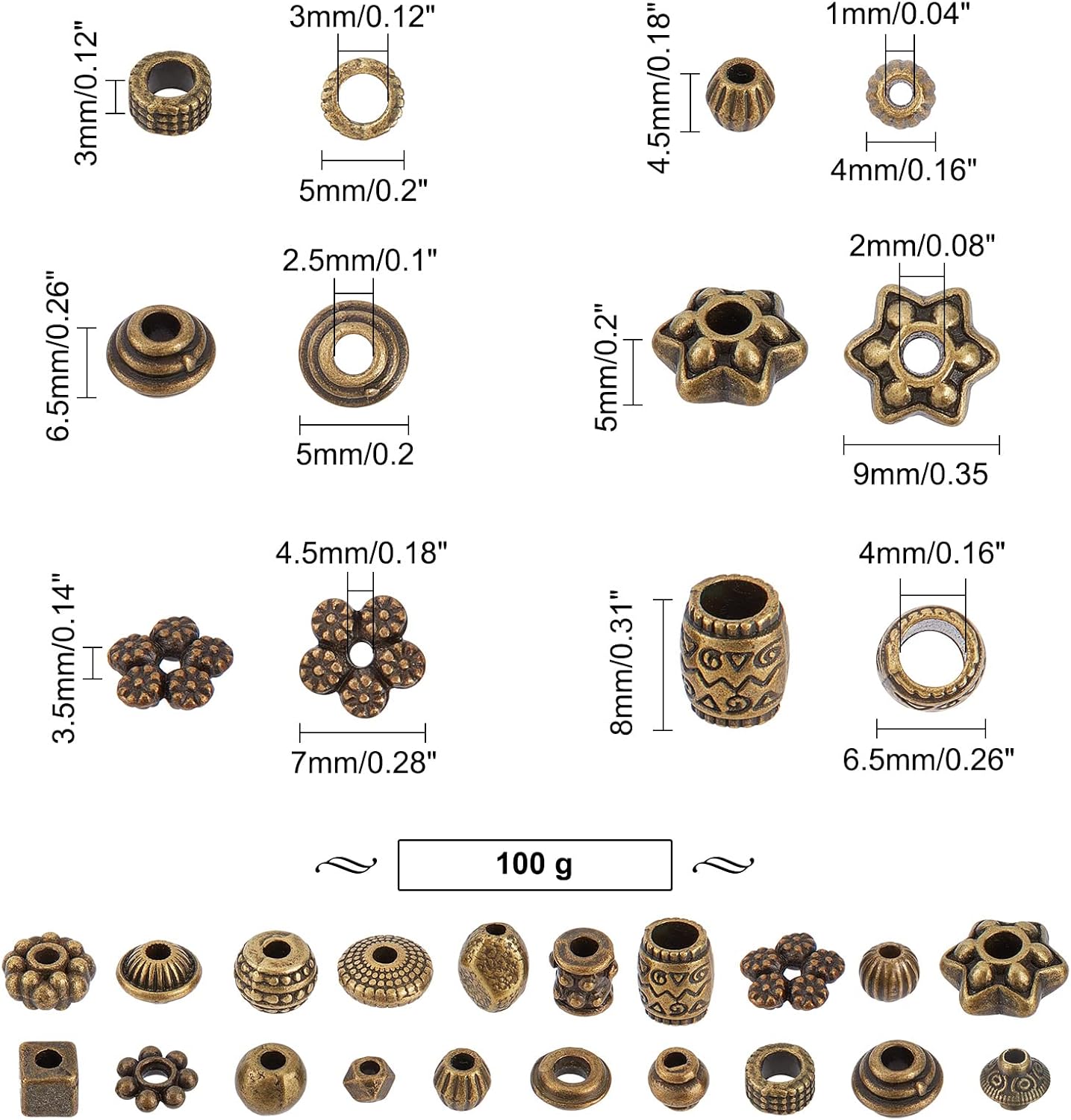 NBEADS About 100g Tibetan Style Alloy Spacer Beads,20 Styles Random Mixed Metal Flower Cone Round Column Spacer Beads for DIY Jewelry Craft Making, Hole: 1-4.5mm - Image 2