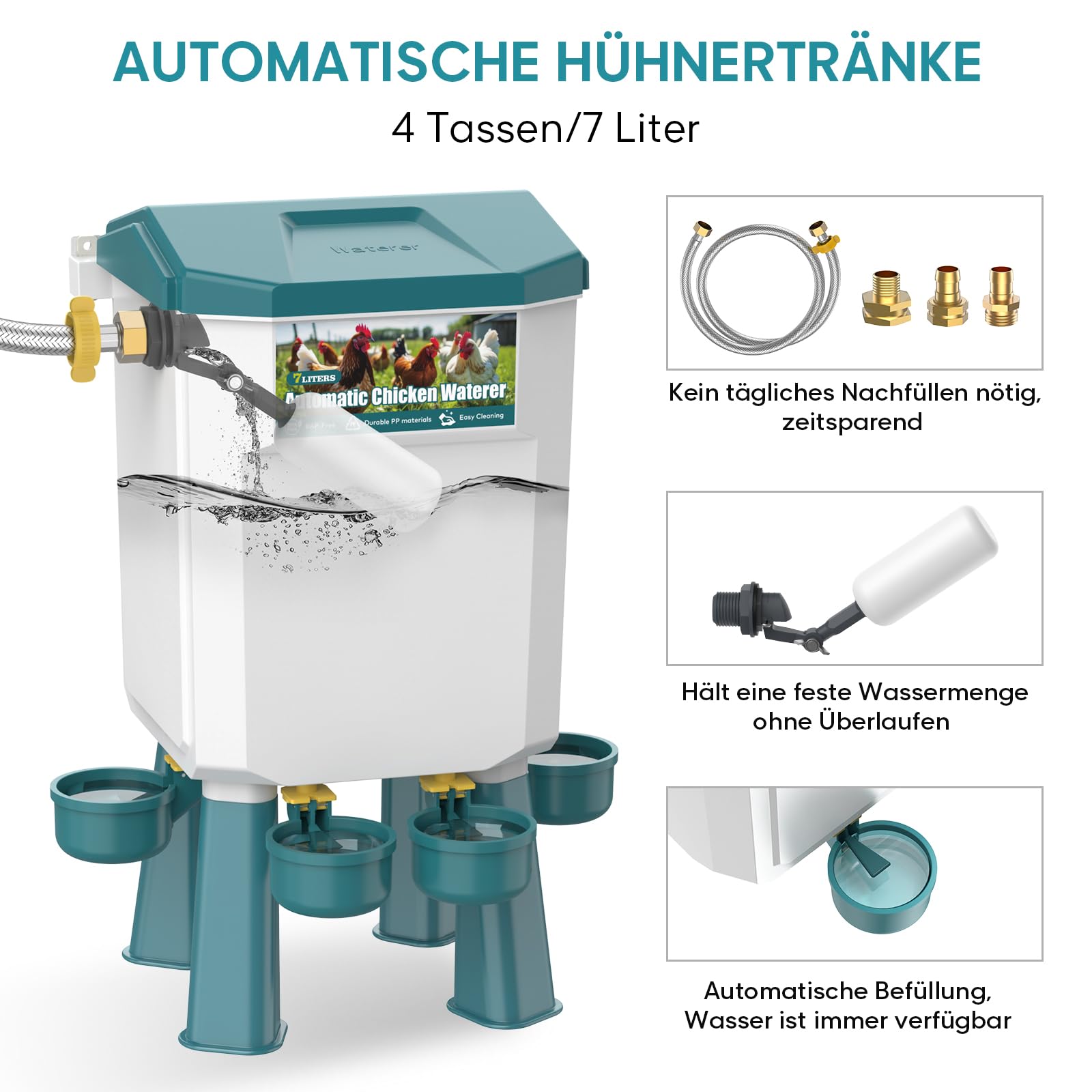 CHAMUTY Futterautomat Hühner, 7 Liter Hühnertränke Tränke Hühner, Automatische Geflügeltränke für Geflügel Mit 1,5m Wasserleitung, Schwimmerventil, Hühnerzubehör, Bruchfester langlebiger Kunststoff