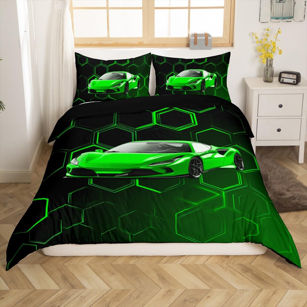 Loussiesd Green Race Car Duvet Cover Set Cot Size For Kids Boys Teens Bedroom Geometric Honeycomb Bedding Set Hexagonal Speed Sports Car Comforter Cover with 1 Pillowcase — image 1