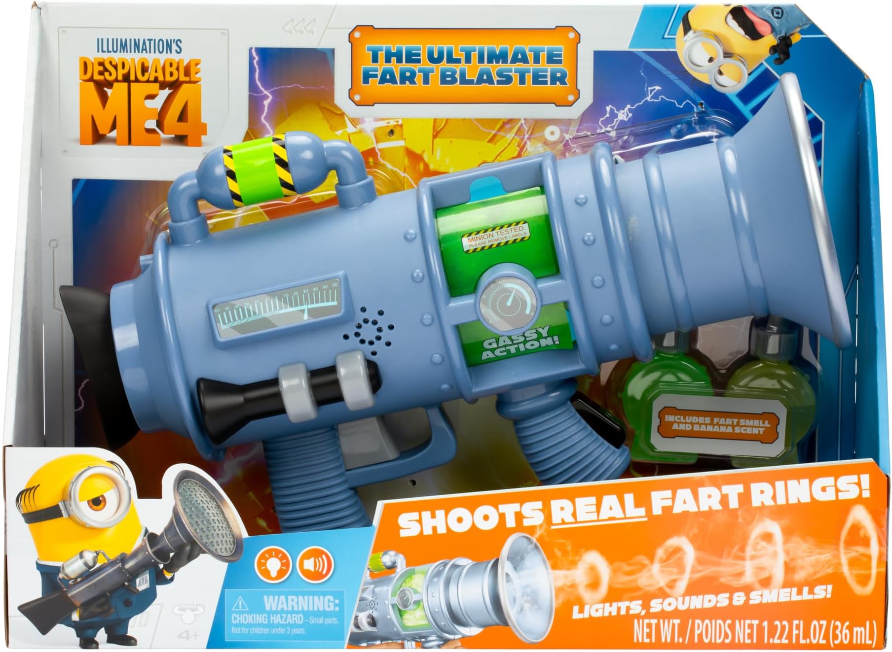 Despicable Me 4 The Ultimate Fart Blaster; Blasts out REAL Fart Rings of fog; Plays 15 Different Fart Sounds Lights Up and Emits Smells; It Includes 2 Different Scented Fart Formulas