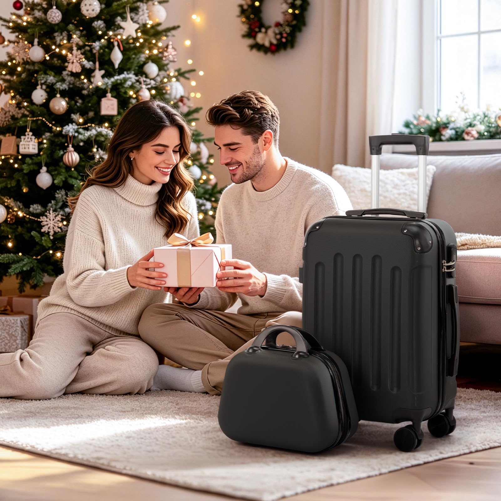LEADZM Handgepäck Koffer mit Kosmetikkoffer, Koffer Set 2 teilig Hartschale mit verstärkten Ecken, Kofferset aus ABS, Reisekoffer, Hartschalenkoffer Set, Koffer & Trolleys (Schwarz)