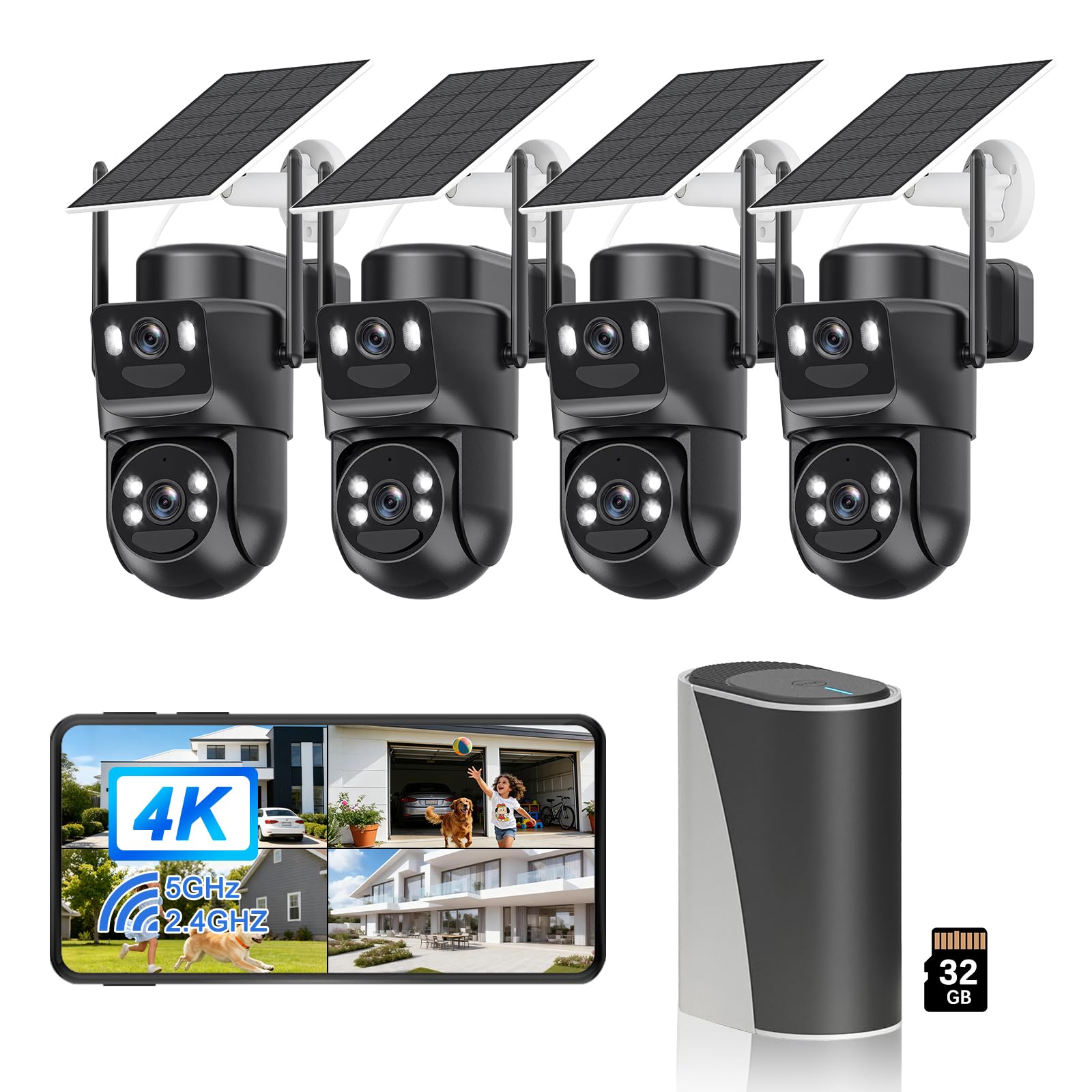 4K cámara de vigilancia WiFi exterior sin hilos,4 Cam-Kit con estación de hogar / almacenamiento local 32G/cámara solar,seguridad en casa PTZ a 360 °,Visión, audio bidireccional, Monitoreo automático