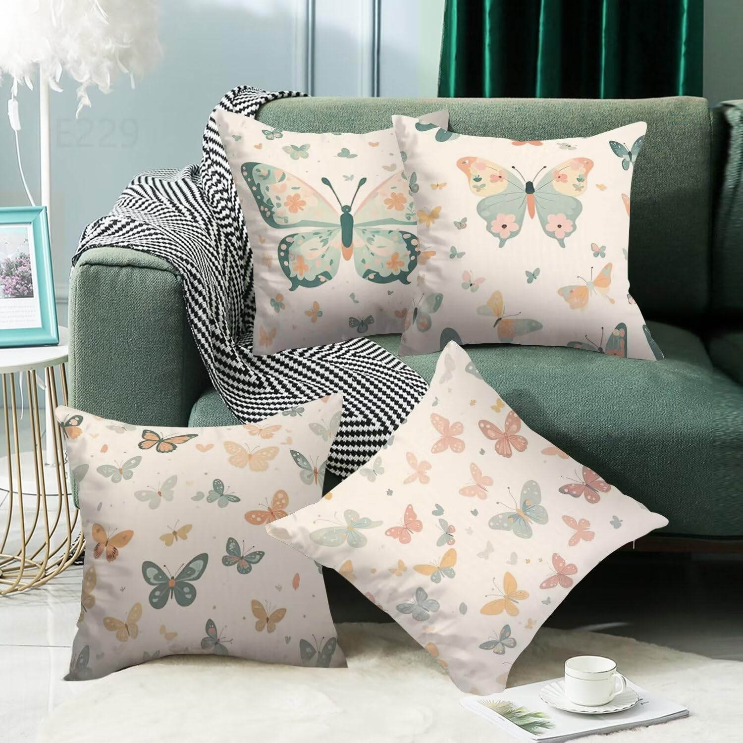 Verde chiaro Federe Cuscini Divano 70x70cm,4 Pack Farfalla Estate Esterno Cuscini per Divano,Doppio Lato Quadrato Morbido Cuscini Divano,per Divano Soggiorno Sedia Autunno Dekoration Cuscino LY-229