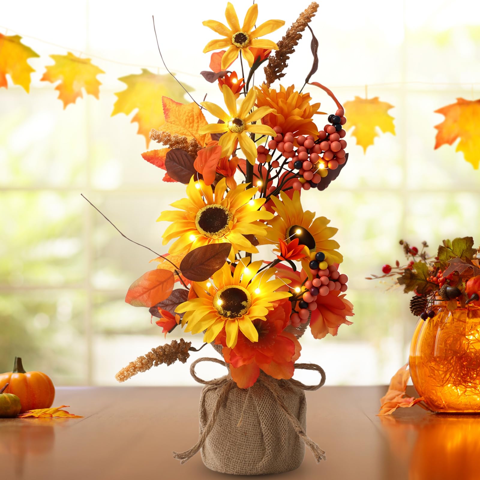 Décoration de table d'automne artificielle de 40 cm avec tournesols