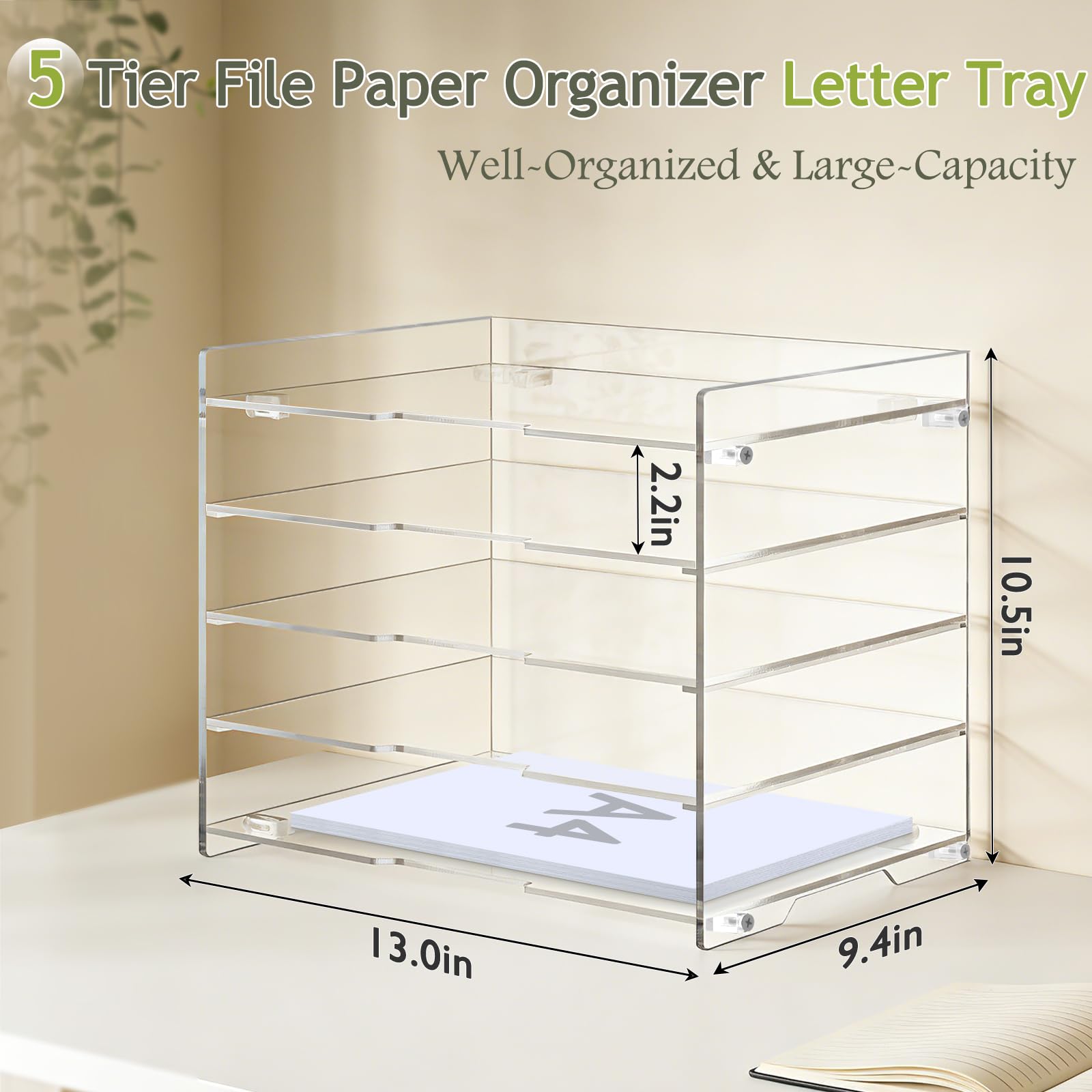 KKU Organizador de escritorio de acrílico transparente de 5 niveles, bandeja de cartas, organizador de escritorio y accesorios para suministros de oficina