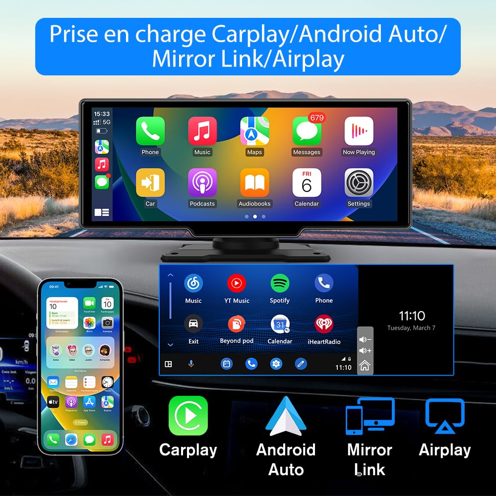 AWESAFE Écran Carplay Voiture & Android Auto,10,26” avec Dashcam Avant 4K, Caméra Arrière 1080P Inclus, Commande Vocale, BT/GPS/FM/AUX