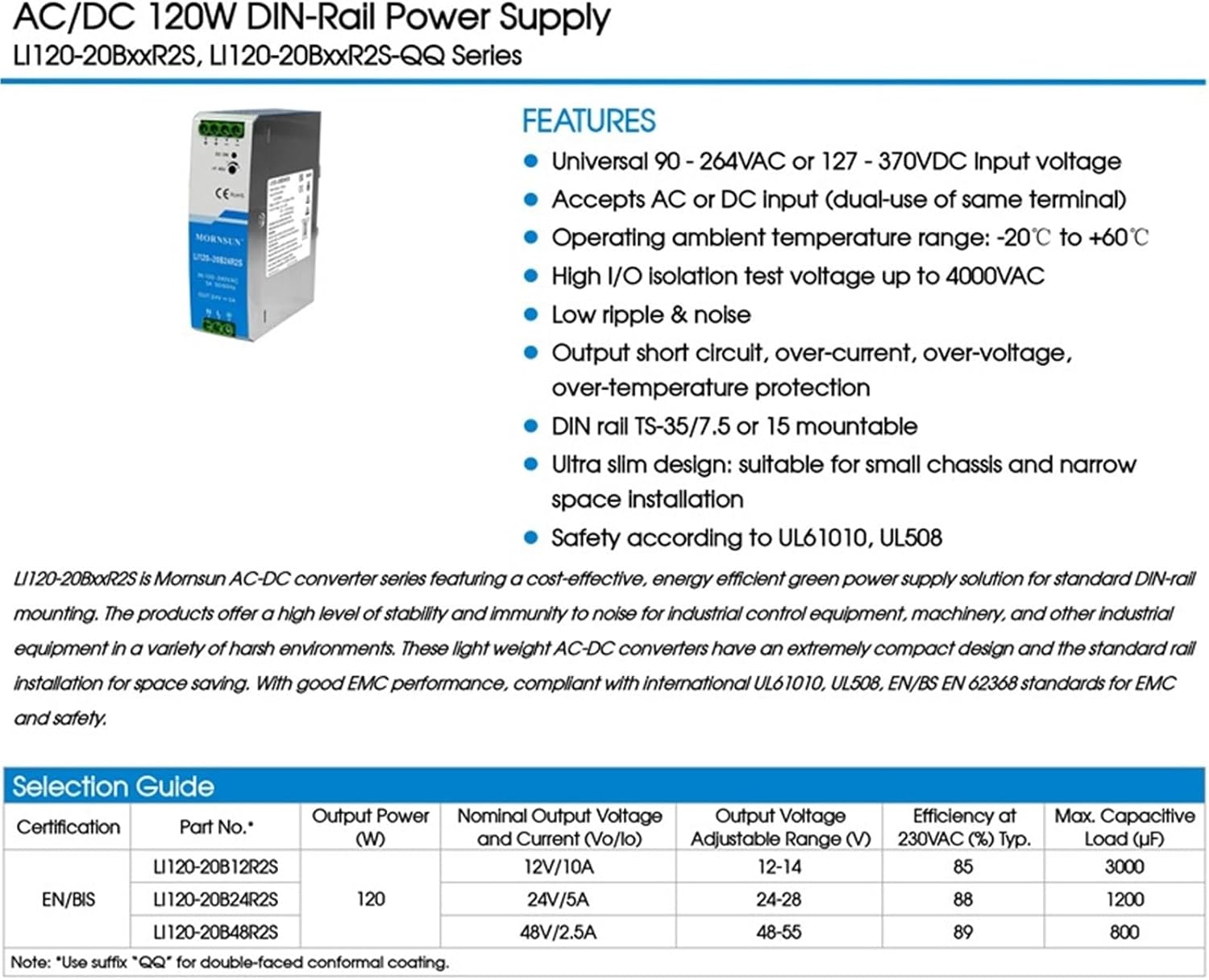 1Pcs AC/DC 120W DIN-Rail Power Supply LI120-20BxxR2S Series | LI120-20B48R2S