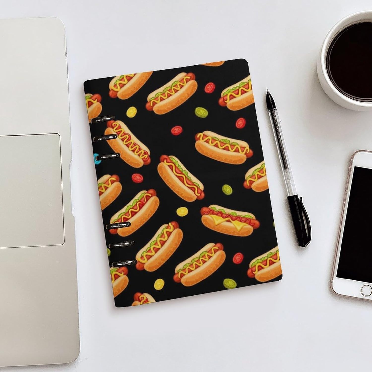 LITPUZC 6 Ring Binder Notebook, Pu Leather Refillable Journal Notebooks Fun Food Candy Dots Hotdog Hot Dogs Personal Planner Organizer Notebook for Writing Business, 90 Sheets