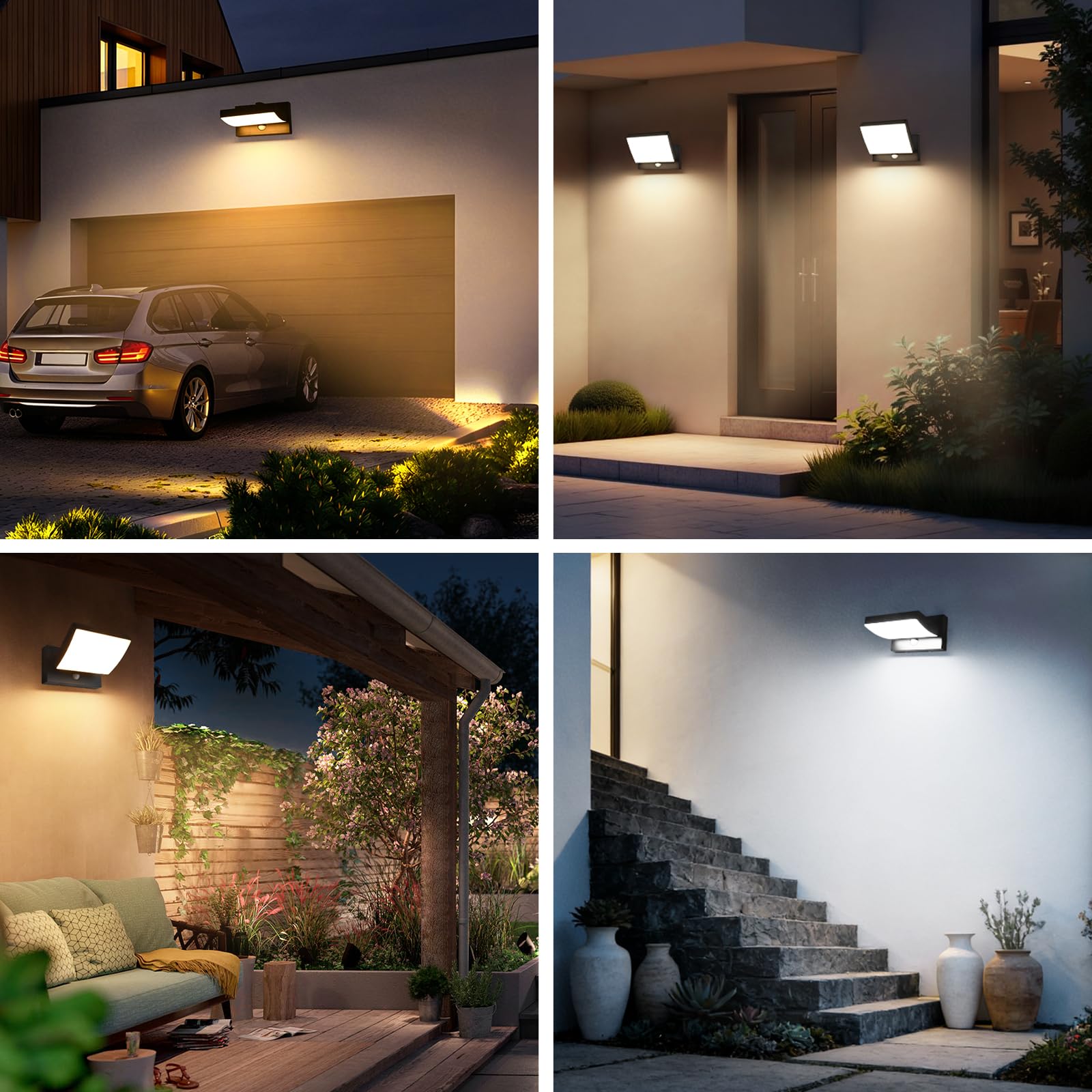 24W LED Außenlampe mit Bewegungsmelder, IP65 wasserdichte Wandleuchte, 3000K/4000K/6000K, Schwenkbares LED-Panel (240° vertikal), Dämmerungsbetrieb, Aluminium, für Terrasse, Garage, Eingang, Schwarz