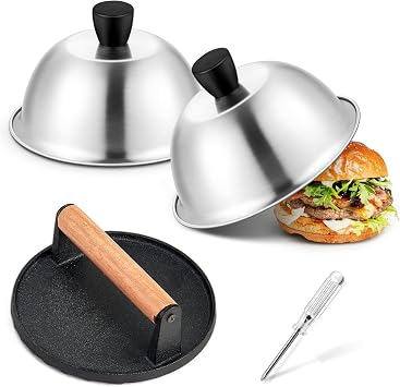 6 Inch Griddle Basting Covers & Smash Burger Press 2 Lids+1 Press, Joyfair Small Cheese Melting Dome with Grill Press for Flattop BBQ Grilling Bacon Patty, Heavy Gauge Stainless Steel & Cast Iron