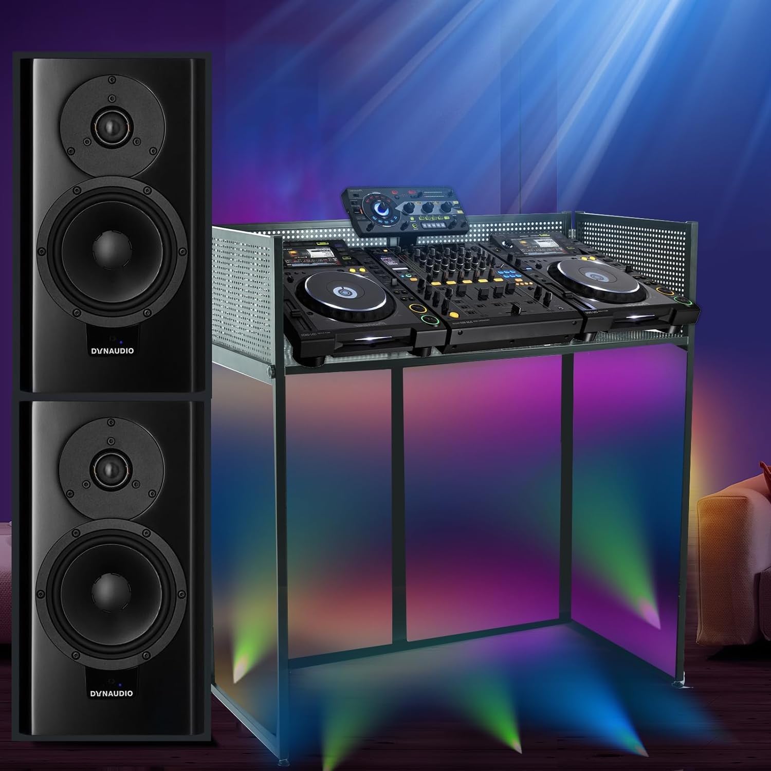 Tragbare DJ-Fassaden-Tischstation, DJ-Disco-Stand-Mixer-Regal, Faltbare DJ-Event-Kabine-Fassade mit weißem und schwarzem Gitterstoff, gepolsterte Tragetasche, Flache (40 * 40 * 20 Zoll)