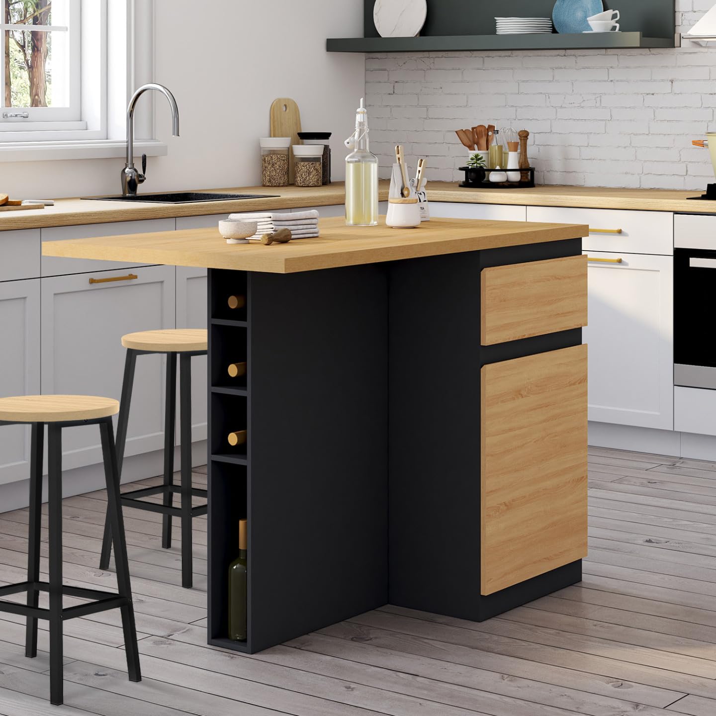 IDMarket - Ilot central TINO 120 cm avec range-bouteilles 4 personnes bois noir avec plan de travail façon hêtre