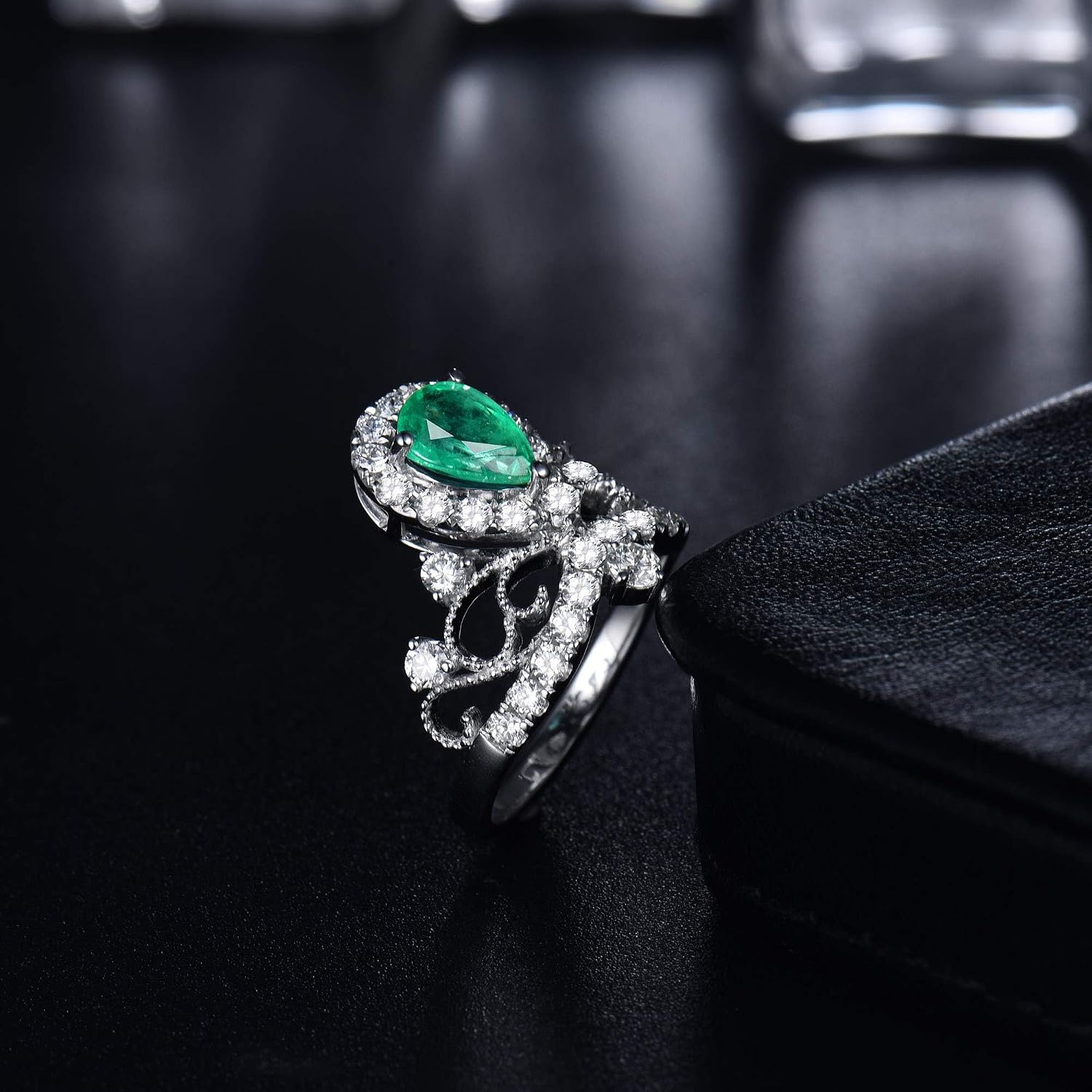Emerald Ring For Women, 14K White Gold Rings - Green Emerald Ring with Diamond, Natural Genuine Emerald Rings & Real Diamond Gemstone Rings For Couple Engagement Ring