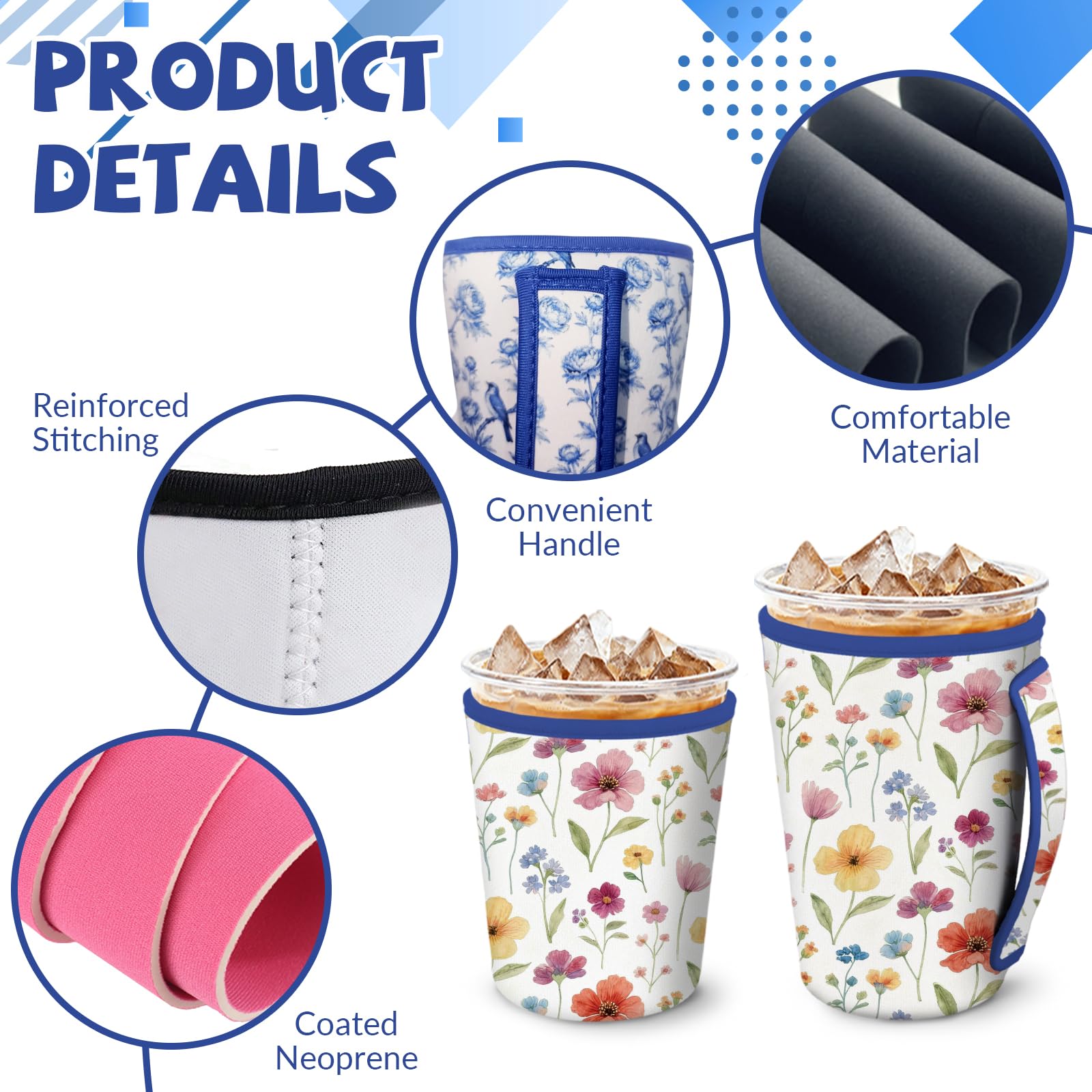 MAYJOYDIY Manchon Isotherme en Néoprène pour Tasse à Café Glacé Motif Floral Bohème Fleurs et Feuilles Colorées Compatible avec les Boissons Chaudes et Froides de 16-32oz