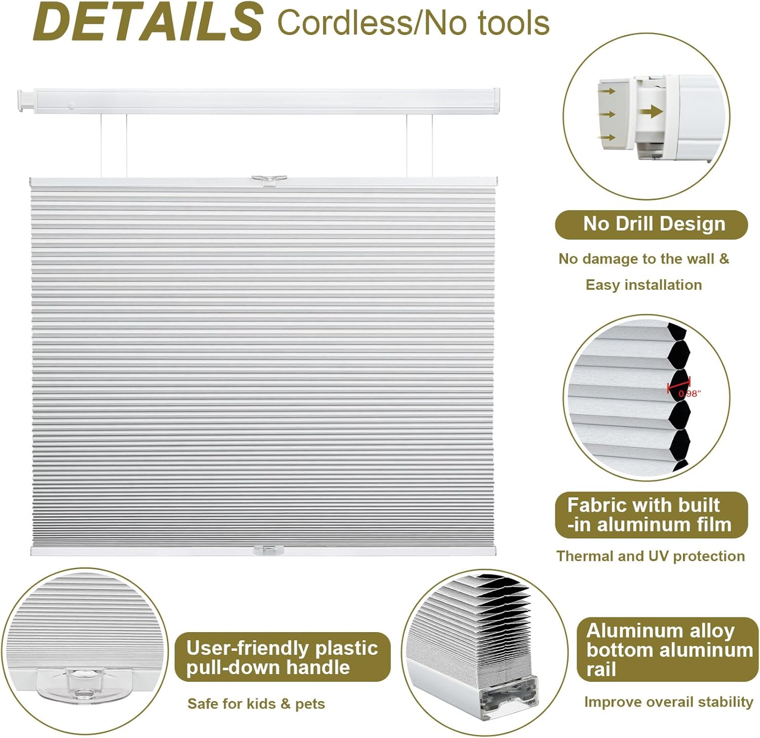 Cellular Blinds No Drill No Tools Top Down Bottom Up Cordless Window Shades for Windows Blinds for Indoor Windows Honeycomb Blinds for Home Office Door, Easy to Install, 100% Blackout, White