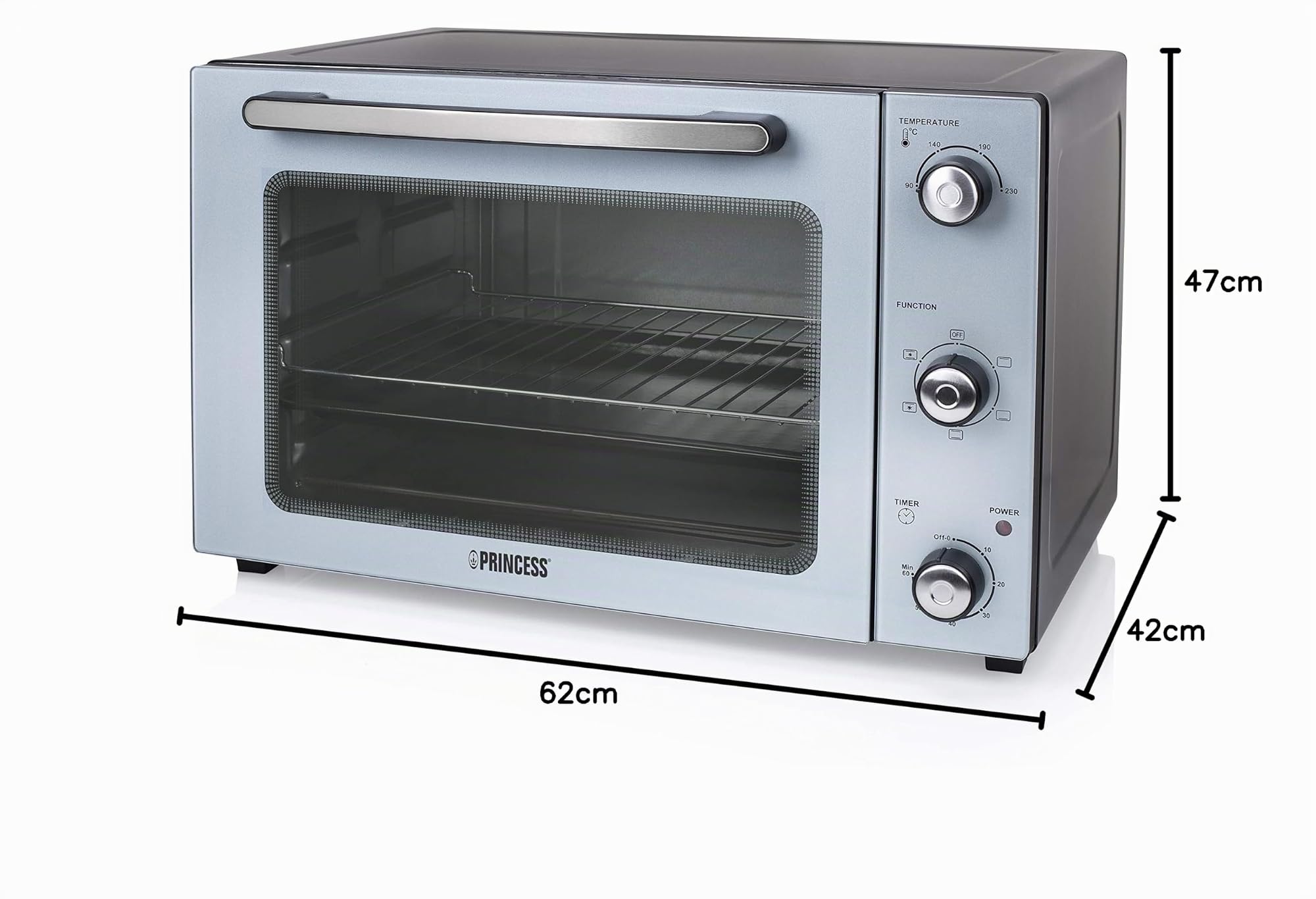 Princess 112754 Horno de Convección, 45 litros, funciones de convección, descongelación y asado, asador incluido, temporizador de 60 min, bandeja para migas extraíble, 90-230 ⁰C, 1800 W