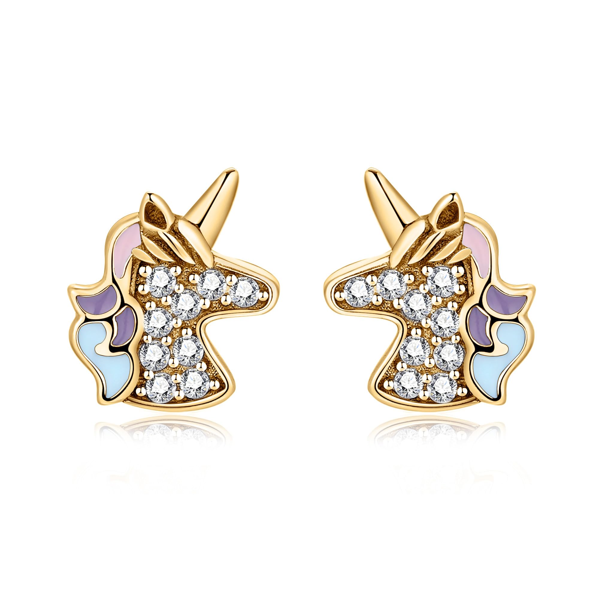 MARLION JEWELS Pendientes de Plata de Primera Ley (S925) Unicornios con Melena Colorida y Circonitas Brillantes. Pendientes Acabados en Plata o Baño Oro 18K. Perfecto Regalo Cumpleaños. Joyería para mujer.