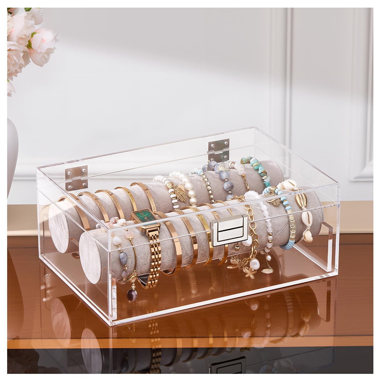 Lolalet Women's Clear, No Drawer Acrylic Bracelet Organizer Box, Clear Jewelry Display Holder For Bangles Watches, Jewellery Accessories Storage Case For -No Drawer