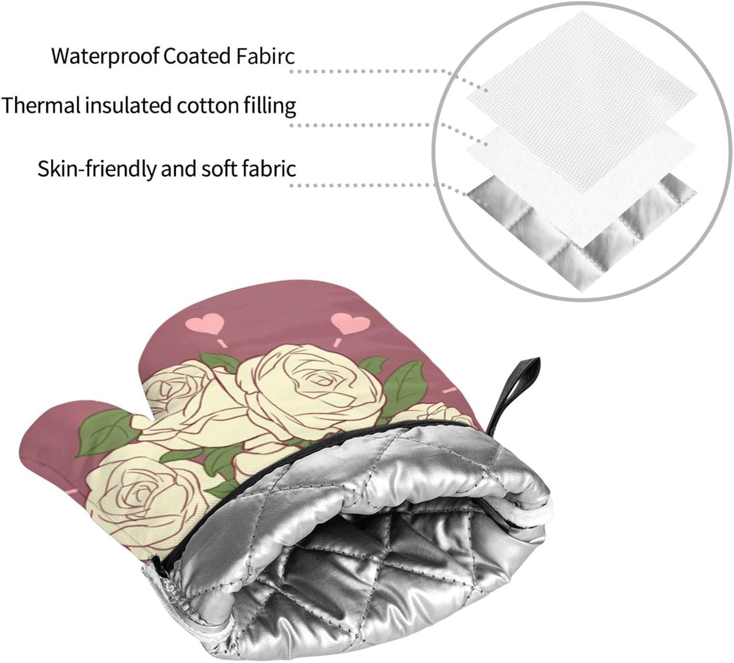 White Rose of Love Oven gloves and heat-resistant mat 4-piece set. Suitable for grilling, microwave oven frying, and baking