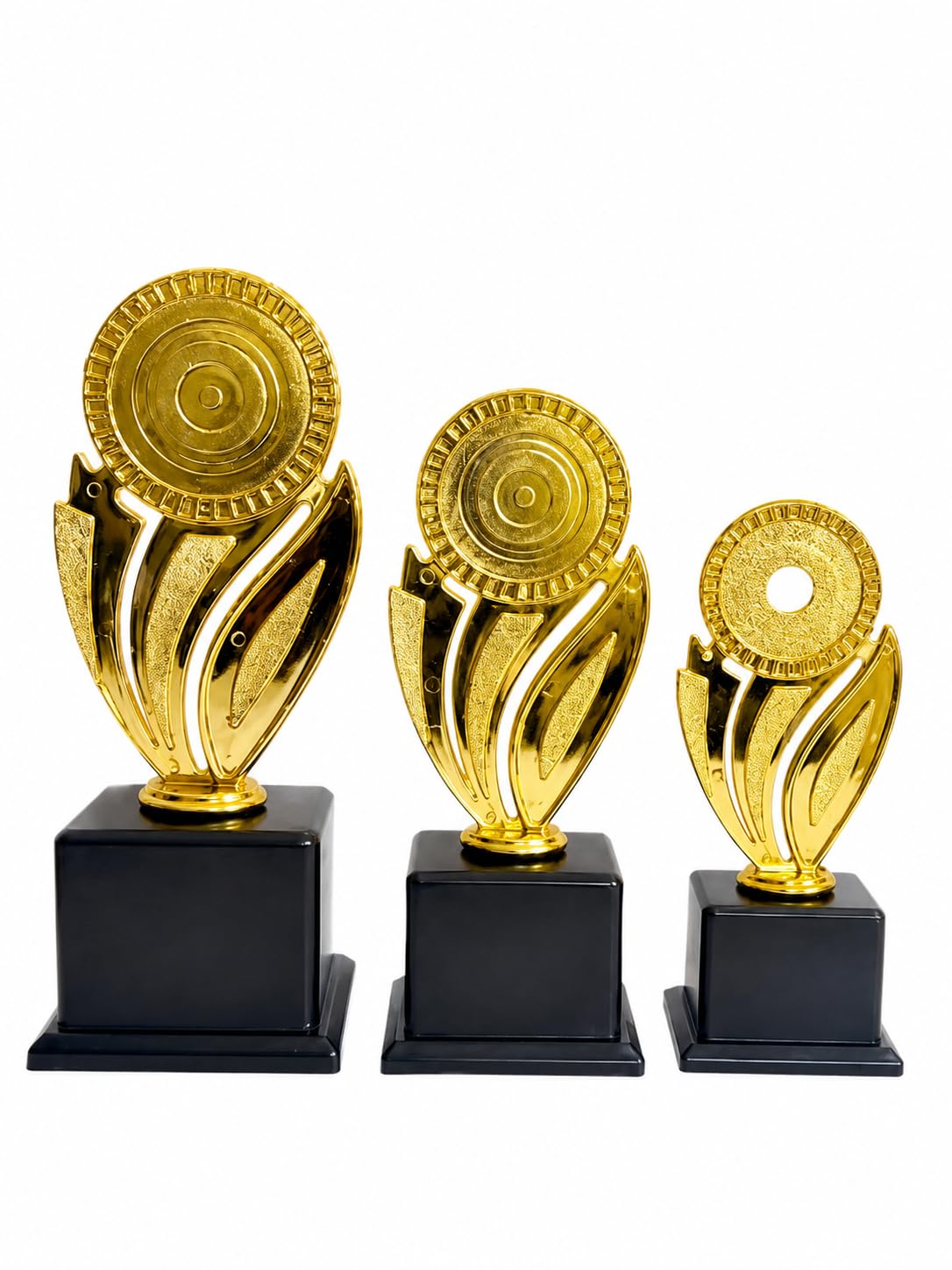 gold trophy set of 3, 1st 2nd and 3rd place award trophies, black base, premium recognition trophy for sports, school, office, competitions & corporate events (8.5, 7.5, 6.25 inches)