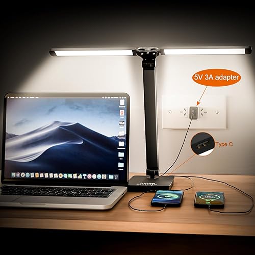 Miniatura 5 de Luz LED de soporte para piano, lámpara de escritorio regulable de 10 W, funciona con pilas con brazos oscilantes dobles y puertos de carga tipo C