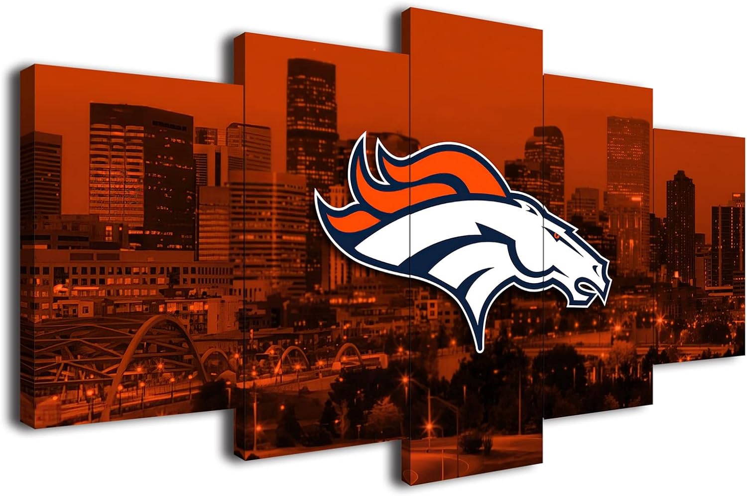 Denver City Broncos American Football Poster Sports Pattern Canvas Wall Art Print Pattern Artwork Home Decor Large Frame Painting Ready to Hang 5Pcs (Framed,20x30x2pcs+20x45x2pcs+20x60cmx1pcs) Black