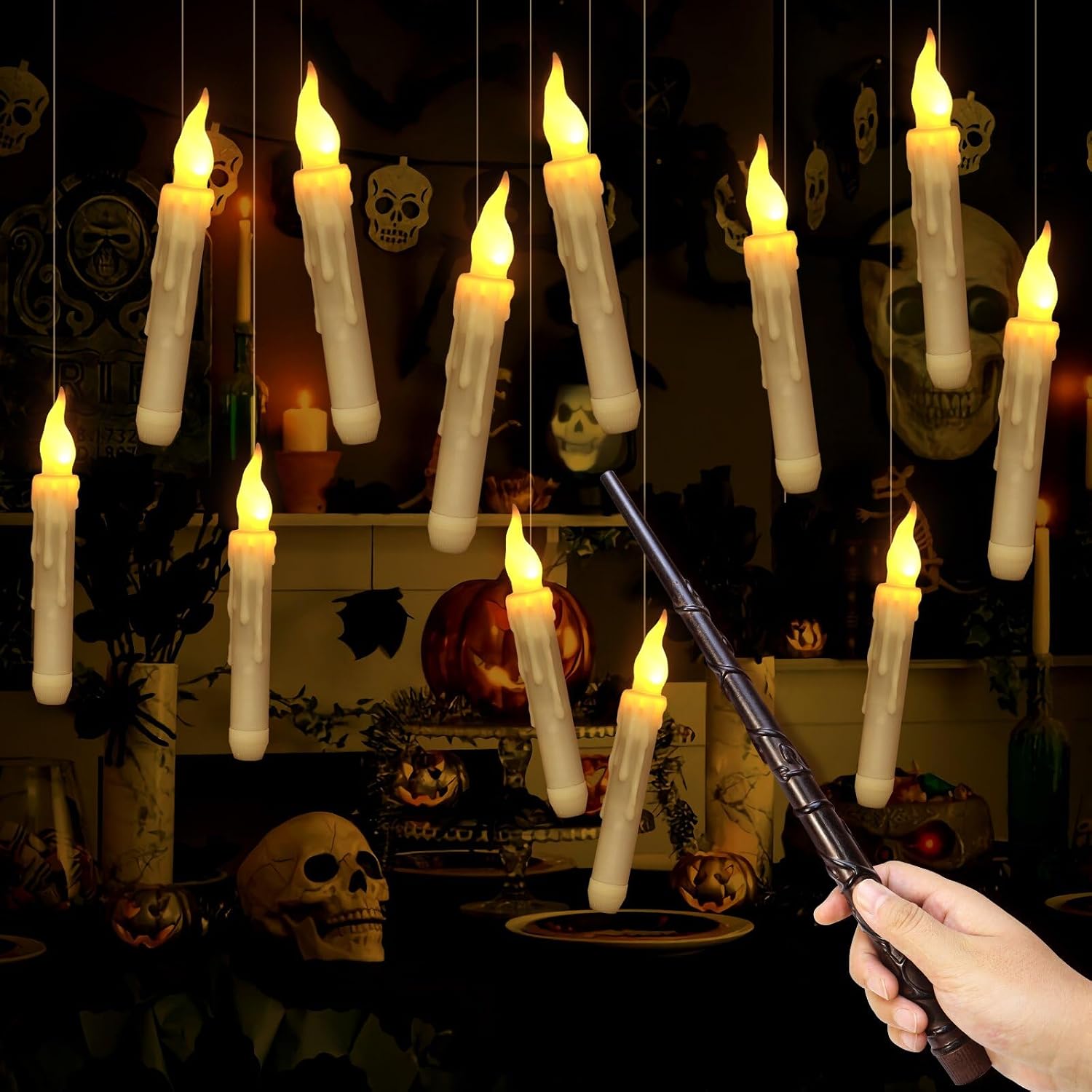 Halloween Decorations Hanging Candles,12 Pack LED Floating Candles With Wand Magic,Flickering Warm Light Floating LED Candle For Harry Potter Party Decorations Witch Christmas Gifts Classroom Decor