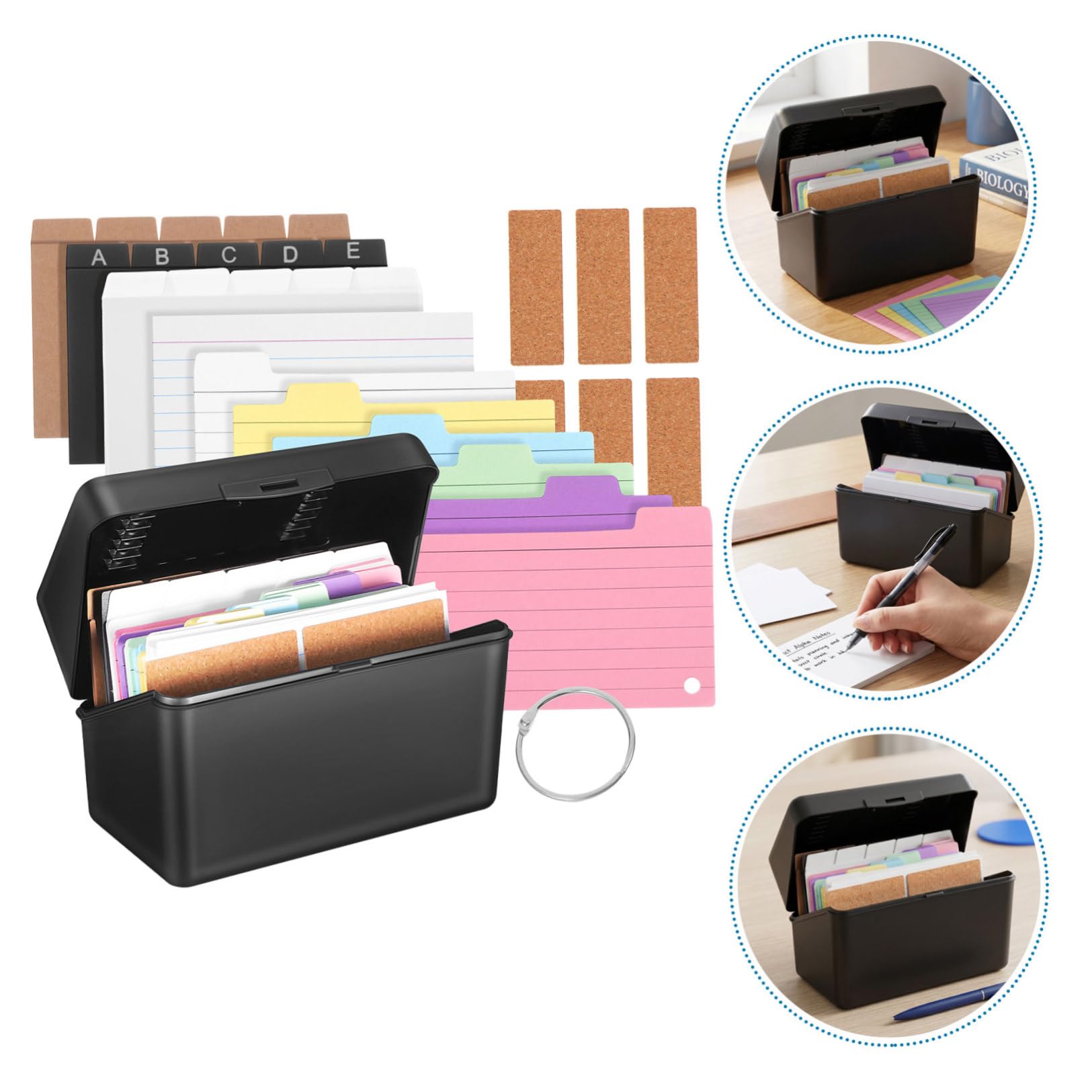 Contenitore Nero per Schede Indice, Set 2 Pezzi in Carta | Divisori Neri, Cartoncini Rigati Colorati, Anelli Metallici e Etichette Adesive