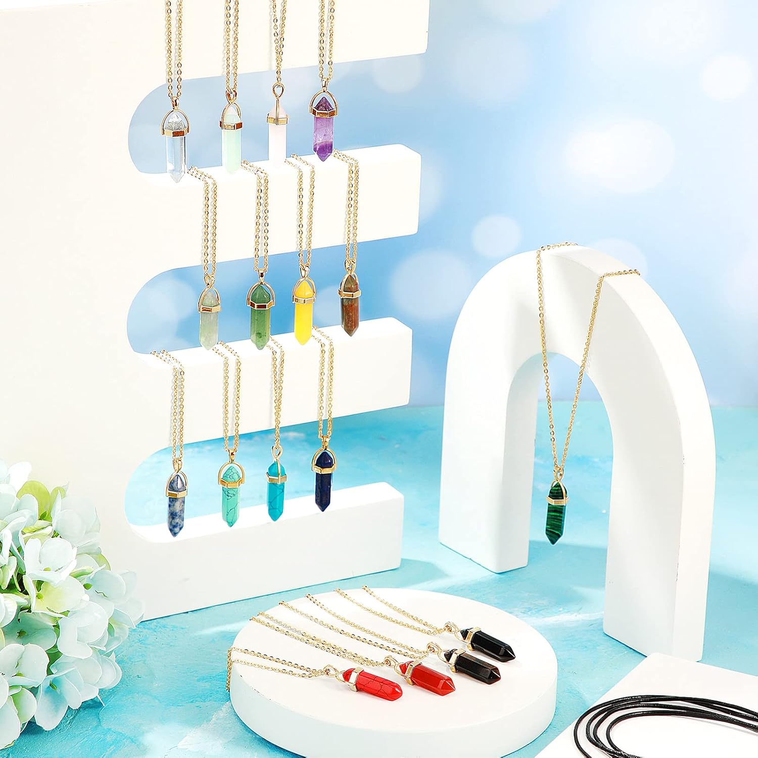 20 Pieces Hexagonal Crystal Necklaces Shape Gemstone Pendant Necklaces Pointed Chakra Stone Chain Necklaces with 20 Inch Chain and 18 Inch Leather Cords - Image 4