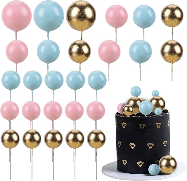 Gyufise 30Pcs Colorful Ball Cake Topper Mini Balloon Cupcake Topper DIY Foam Ball Gold Pink Blue Cake Insert Decoration for Wedding Anniversary Baby Shower Birthday Party Supplies