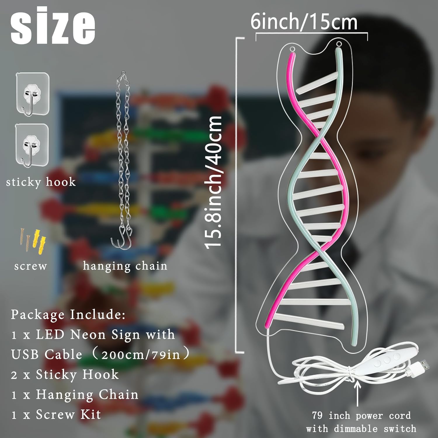 DNA Science Neon Sign DNA Double Helix Neon Signs for Wall Decor, Dimmable LED Neon Light Aesthetic Pink and Blue Neon Wall Art for Bedroom Man Cave Game Room Biology Classroom Lab Science Lover Presents for Doctor Teacher Student Teens