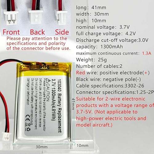 Miniatura 2 de HXJNLDC DC 3.7V1300mAh 103040 Batería recargable de polímero de litio, adecuada para productos electrónicos de bricolaje 3.7-5V con reemplazo de