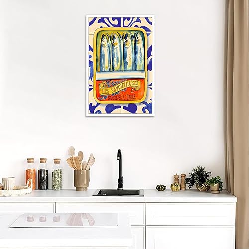 Miniatura 5 de Lienzo de sardinas divertidas para pared, póster vintage de lata de sardina, comida retro, peces, vida marina, estética, acuarela, pintura para el