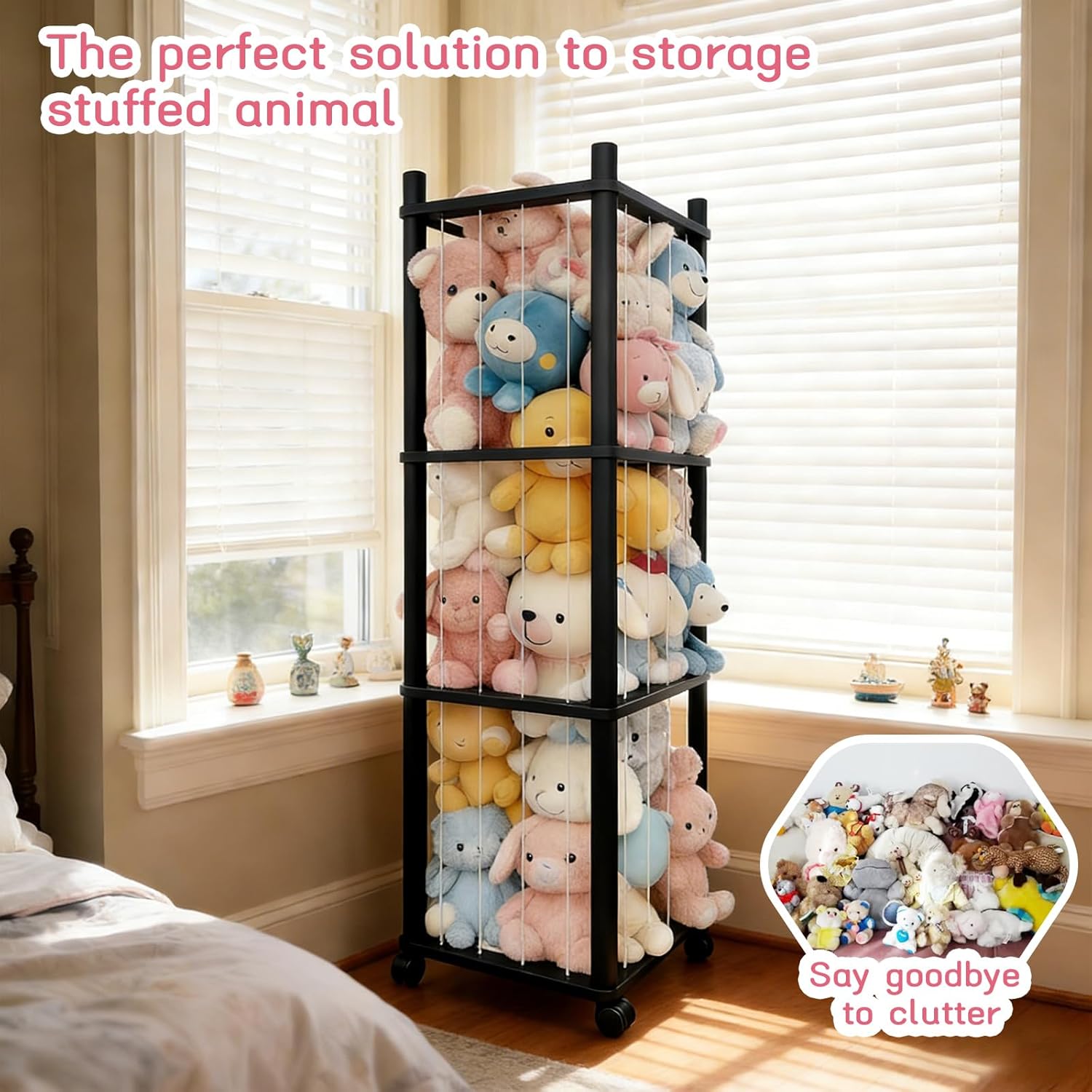 Wooden Stuffed Animal Zoo Storage - Sturdy Solid Wood Toy Organizer with Lockable Wheels, Easy-Assemble/Clean, Large Capacity Plush Toy Cage, Space-Saving for Toddler/Playrooms/Bedrooms