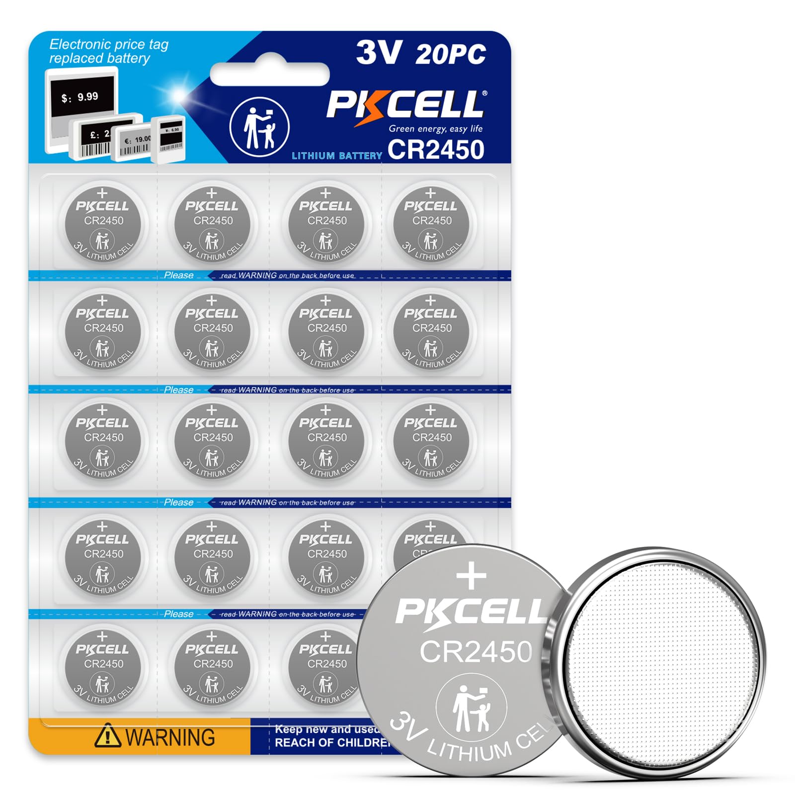 PKCELL 20 Pack CR2450 Battery CR2450 3V Lithium Battery, High Capacity, Long Lasting Power, Mercury-Free