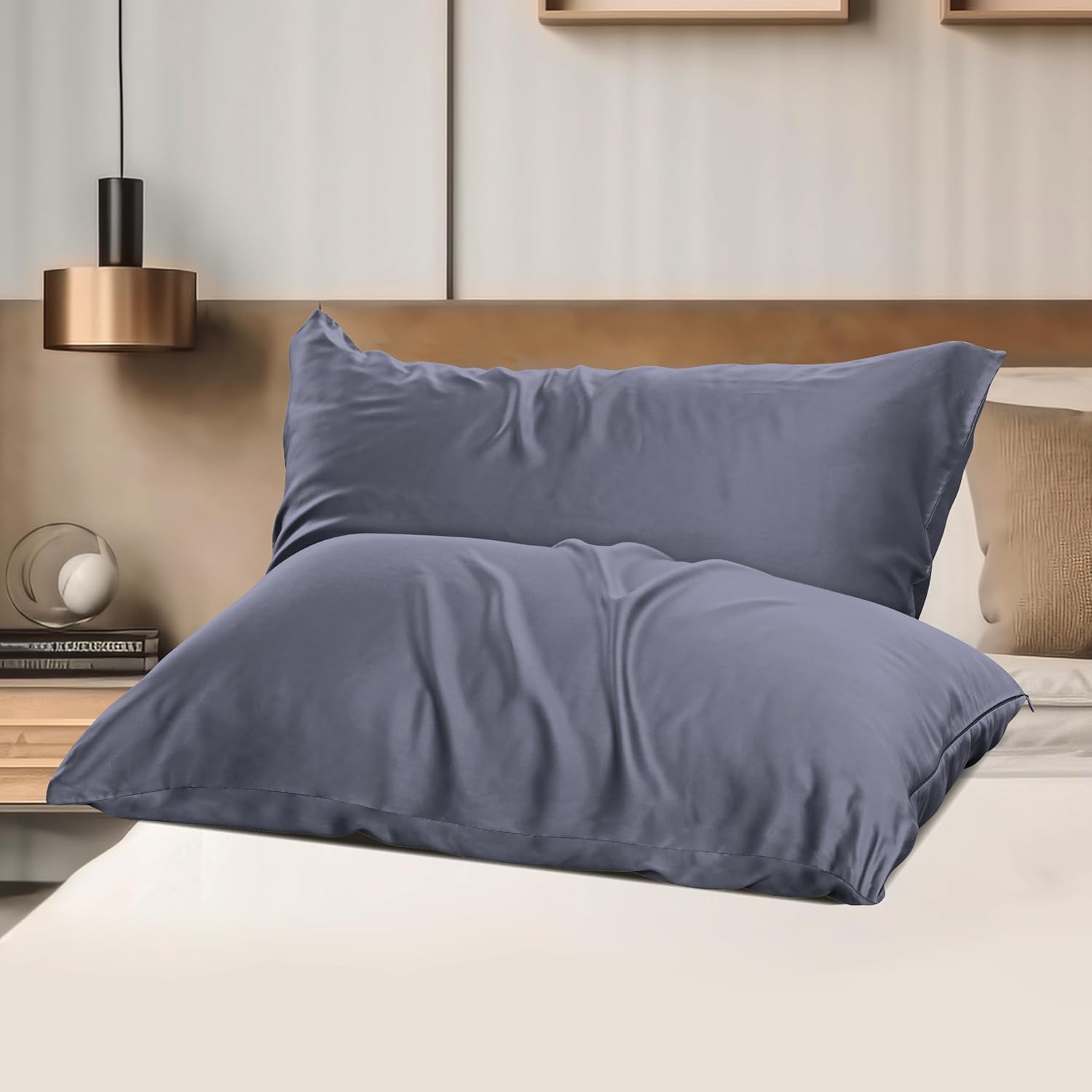 4 Pack Cooling Pillowcases for Hot Sleepers & Night Sweats, 400 TC Bamboo Viscose Pillow Protectors, Zippered Pillow Cases King Size, Breathable Silky Soft Pillow Covers, Dark Grey, 20x36