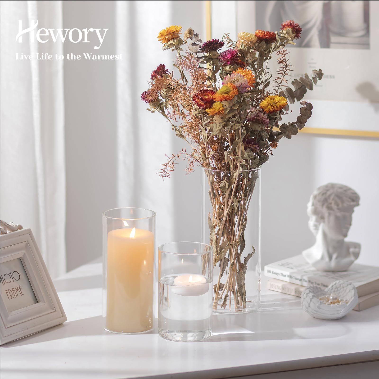 Hewory Portacandele in vetro per decorazione da tavolo: set da 6 vasi in vetro cilindro, grandi portacandele per decorazioni di nozze, portacandele in vetro spesso 3 mm, cilindri in vetro per candele